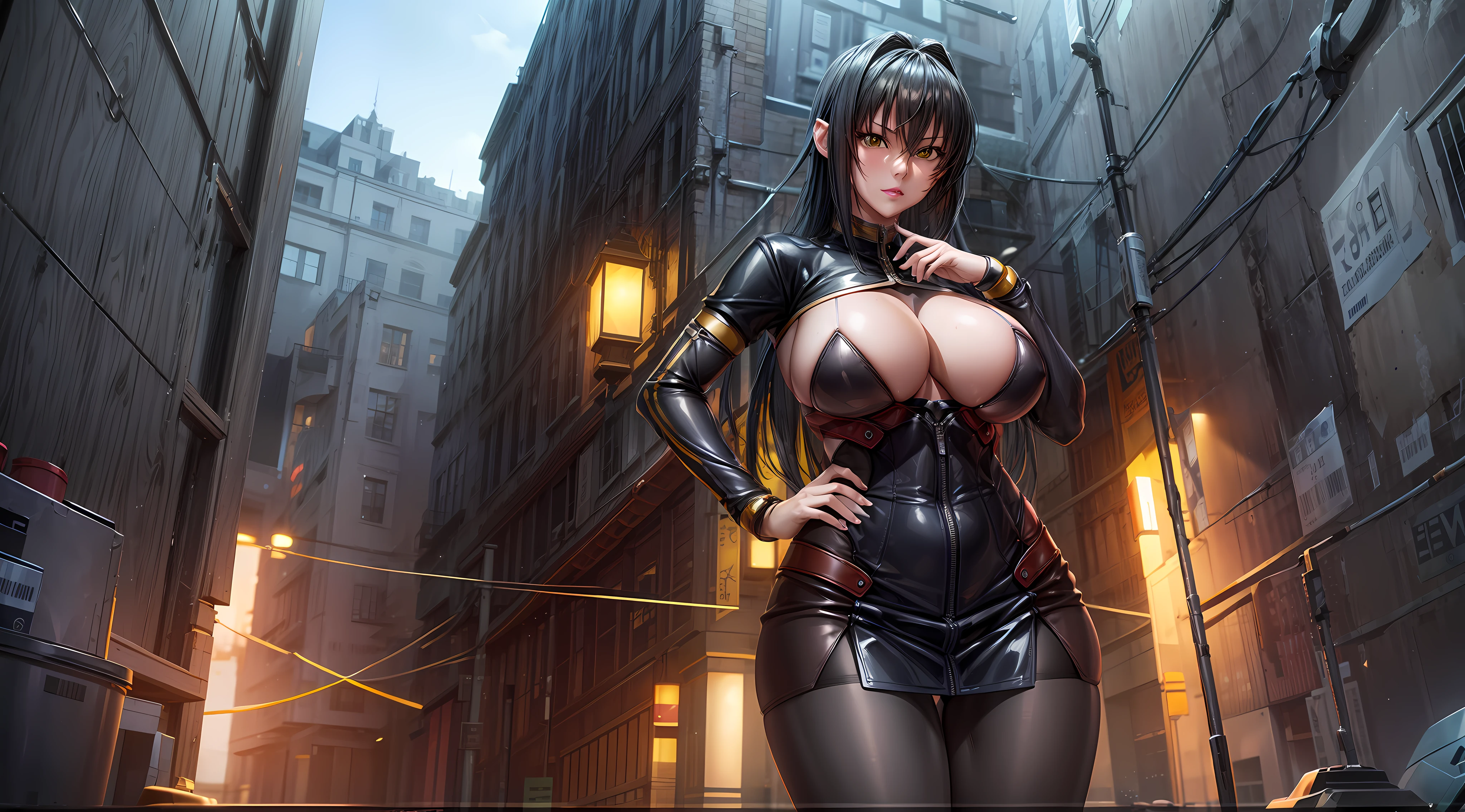 professional artwork, Intricate Details, field of view, sharp focus, detailed painting, photorealistic lighting, trending on pixiv, Standing at attention, black outfit ,yellow collared shirt,black bodysuit,skin_tight,black legwear, black pantyhose, Side_boob, black hair,very long hair, Bangs,yellow eyes,makeup, lipstick, 35yo,mature female,Beautiful Finger,Beautiful long legs,Beautiful body,Beautiful Nose,Beautiful character design, perfect eyes, perfect face, looking at viewer,official art,extremely detailed CG unreal engine, 8k wallpaper, perfect lighting,Colorful, Bright_Front_face_Lighting, (masterpiece:1.0),(best_quality:1.0), ultra high res,4K,ultra-detailed, photography, 8K, HDR, highres, absurdres:1.2, Kodak portra 400, film grain, blurry background, (Beautiful,large_Breasts:1.4), (beautiful_face:1.5),(narrow_waist), (solo:1.4), ((landscape dimension)),