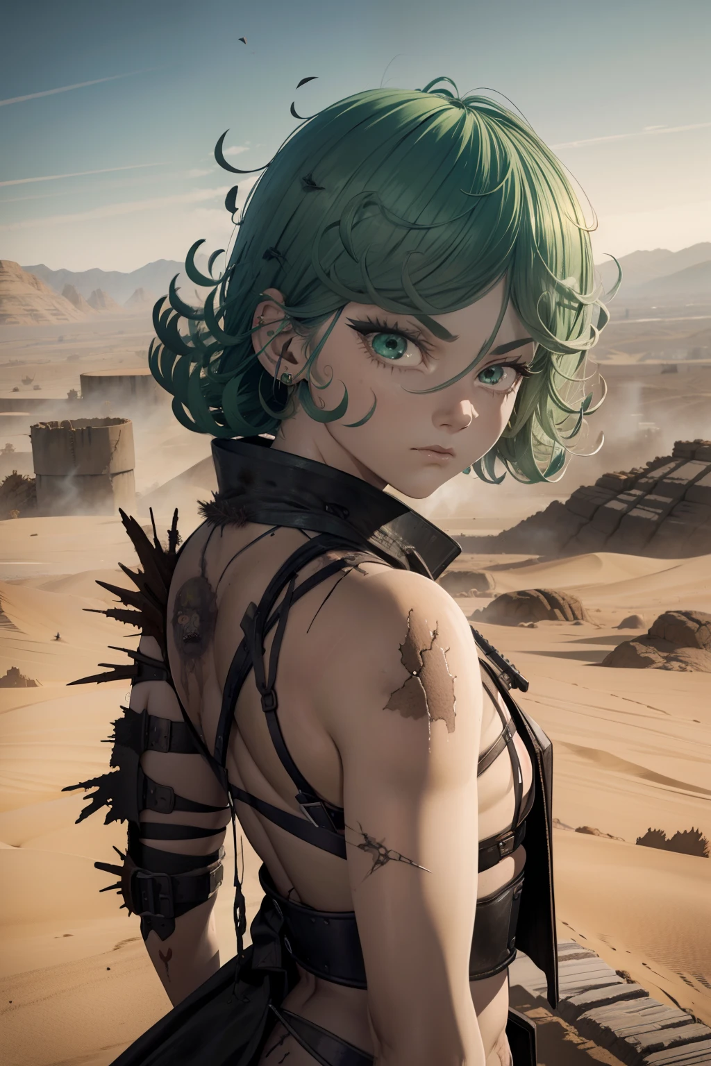 Tatsumaki post apocalyptic, desert, mad max, scarred, Post apocalyptic desert wasteland, Mad max, ear piercing, nose ring, gothy, torn clothes, Long jacket, scarrred, scarred, scarred, bruised, beat up, scarred, full body, flying, city ruins