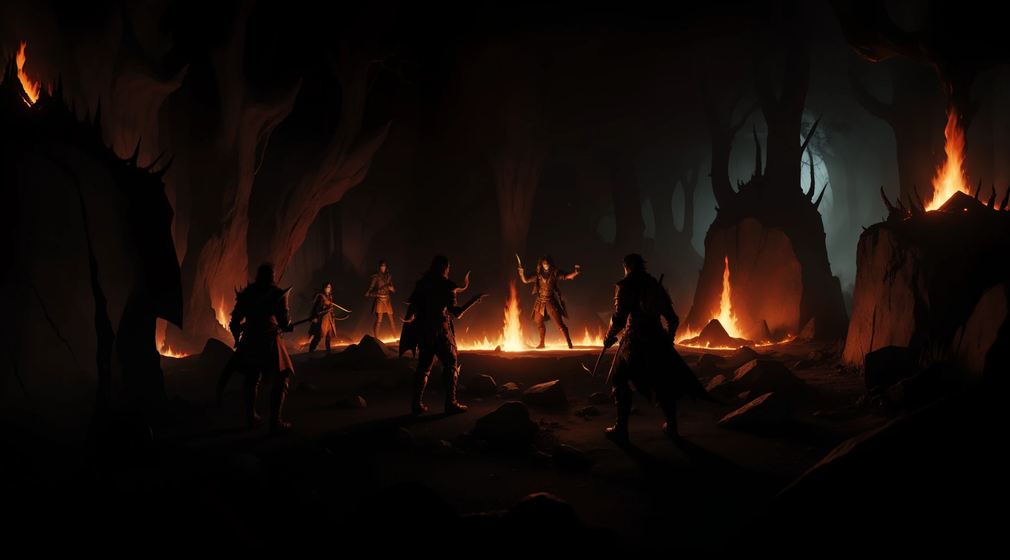 underground hell dungeon, high fantasy style, attacking fiends, hunting demons, fire and magma everywhere