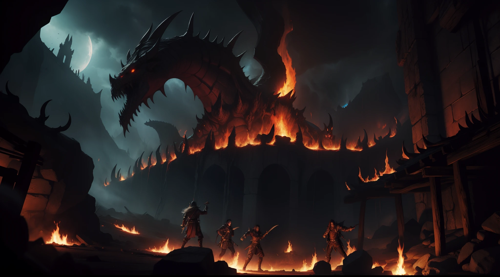 underground hell dungeon, high fantasy style, attacking fiends, hunting demons, fire and magma everywhere