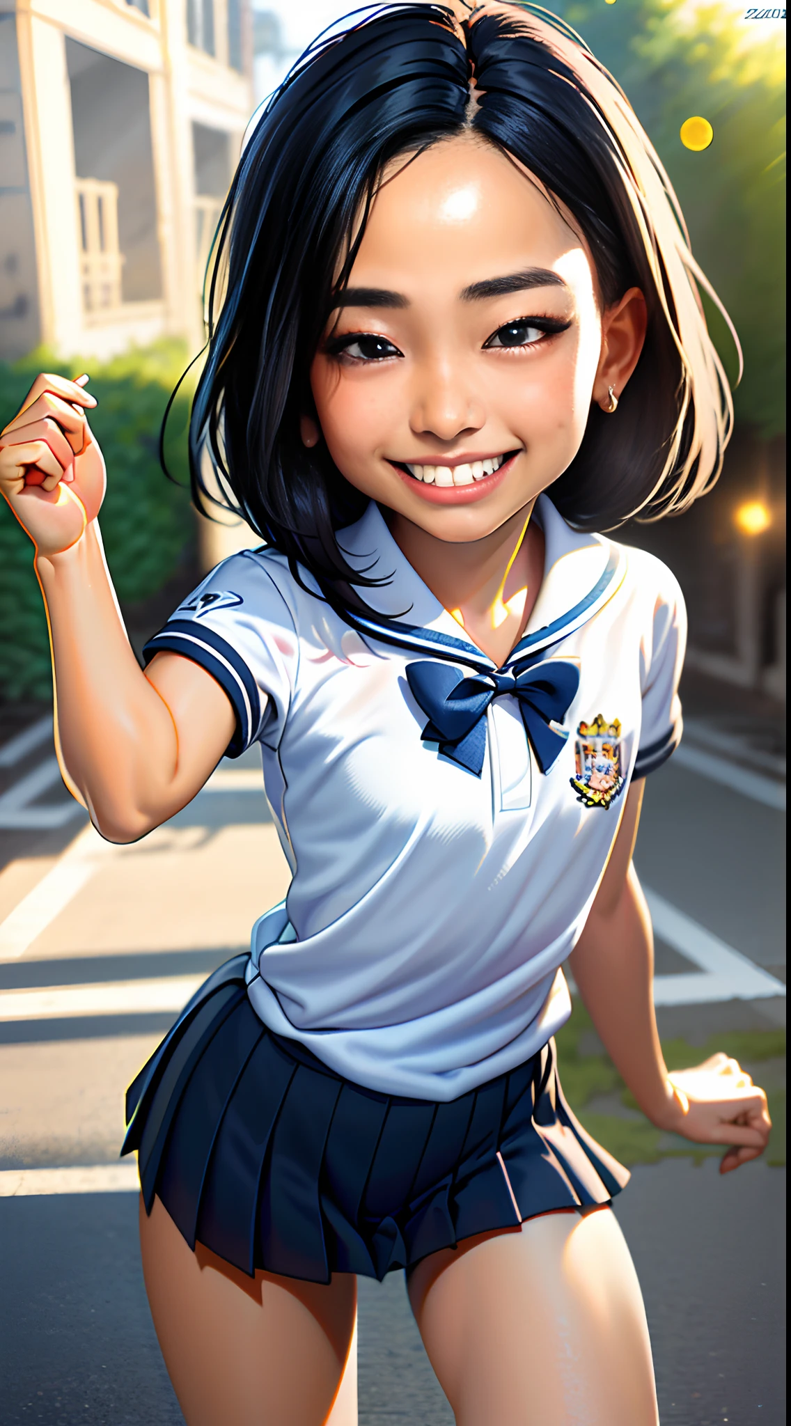 Masterpiece, Best quality,oil painted， Photorealistic, 1girll, Smile, teeth, Flat bangs, Stunning innocent faces, school uniform, Black eyes, Emotional, ulzzangs, (PureErosFace_V1:0.7)（s fractal art：1.3），1girll