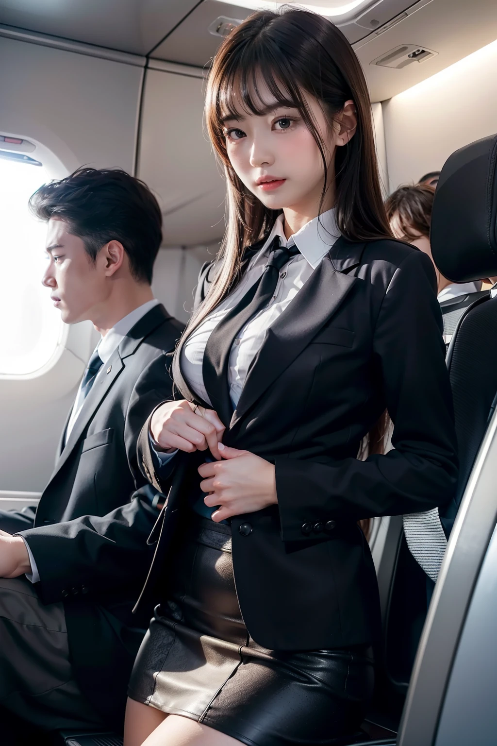 in 8K、Raw photography、Highest Quality、realisitic、Photorealsitic、Professional Lighting、​masterpiece、extremely delicate and beautiful、Highly detailed、finely detail、ultra-detailliert、hight resolution、full-shot)、There were several men huddled on the plane、1girl in、One woman in flight attendant uniform、Beautiful face:1.5、slim proportions、small tits:2、small tits、Young man in suit、Hug her from behind:1.5、Other young men flipping up skirts、I can see the white panties、Draw in clear detail whose hand it is、Pubic hair is visible、((( are visible)))、(((The nipple is visible)))、Eyes open:3、moaning in pain、feeling in pain、auw、Scared and crying:2、Following the pain、moaning in pain、Pain in the face frowning、I'm looking at you、On the plane、Cabin Crew、