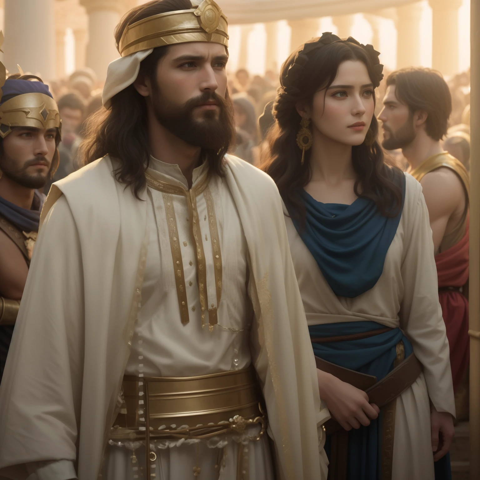 A closeup of a costumed man and woman standing in a crowd, biblical epic movie, biblical clothing
