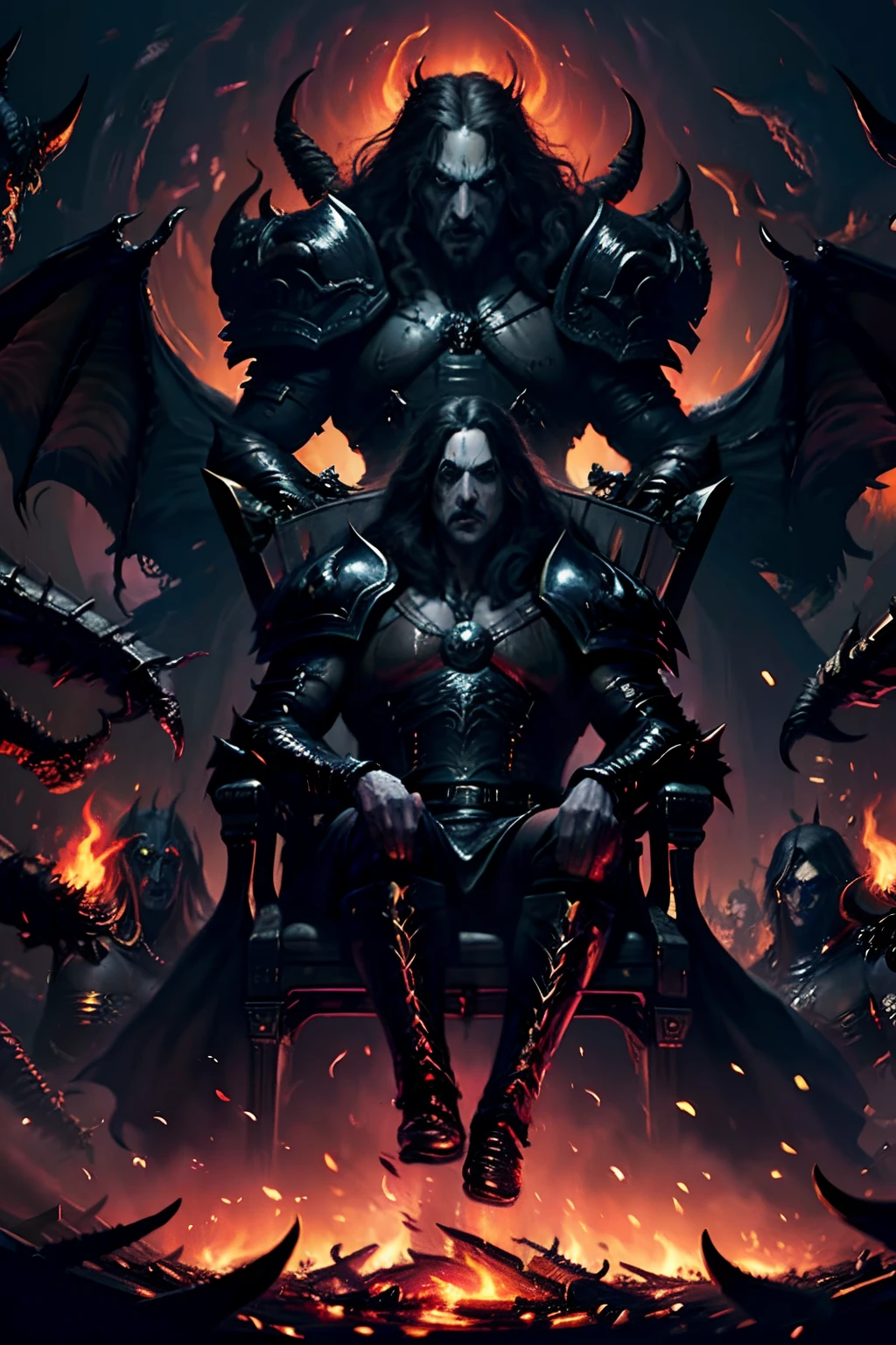 Castlevania Lord of the shadows sitting in throne of hell blazing fire with army of demons