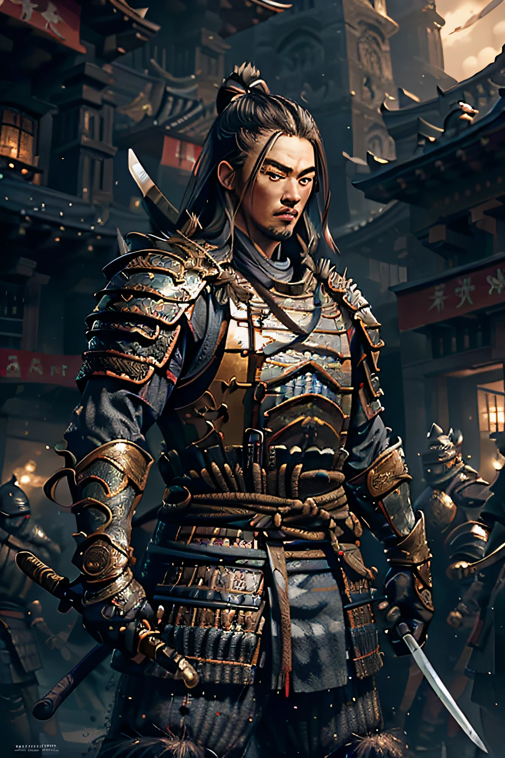 ((masterpiece))), (((best quality))), ((ultra-detailed)), (hyper-realistic), (highly detailed CG illustration), cinematic light, photorealistic, man ((Ninja)) Extremely agile warrior, fitness, intricate eaba detailed, black ninja outfit, two swords