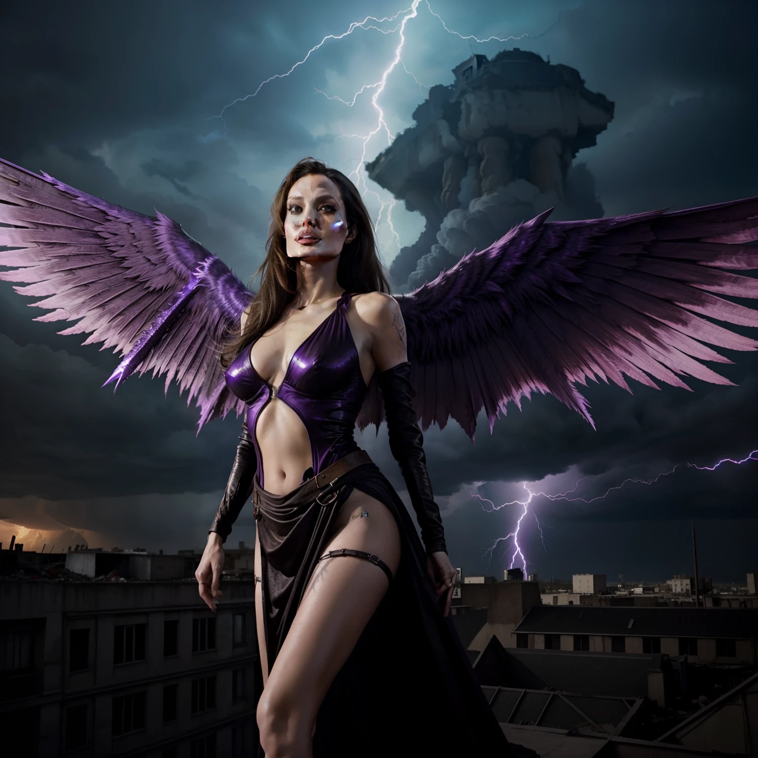 Angelina Jolie as a hyper-giant, Hyper-powerful demon with a very sexzy on wings, and throws purple lightning bolts at a building, ville en ruine post apocalyptique,