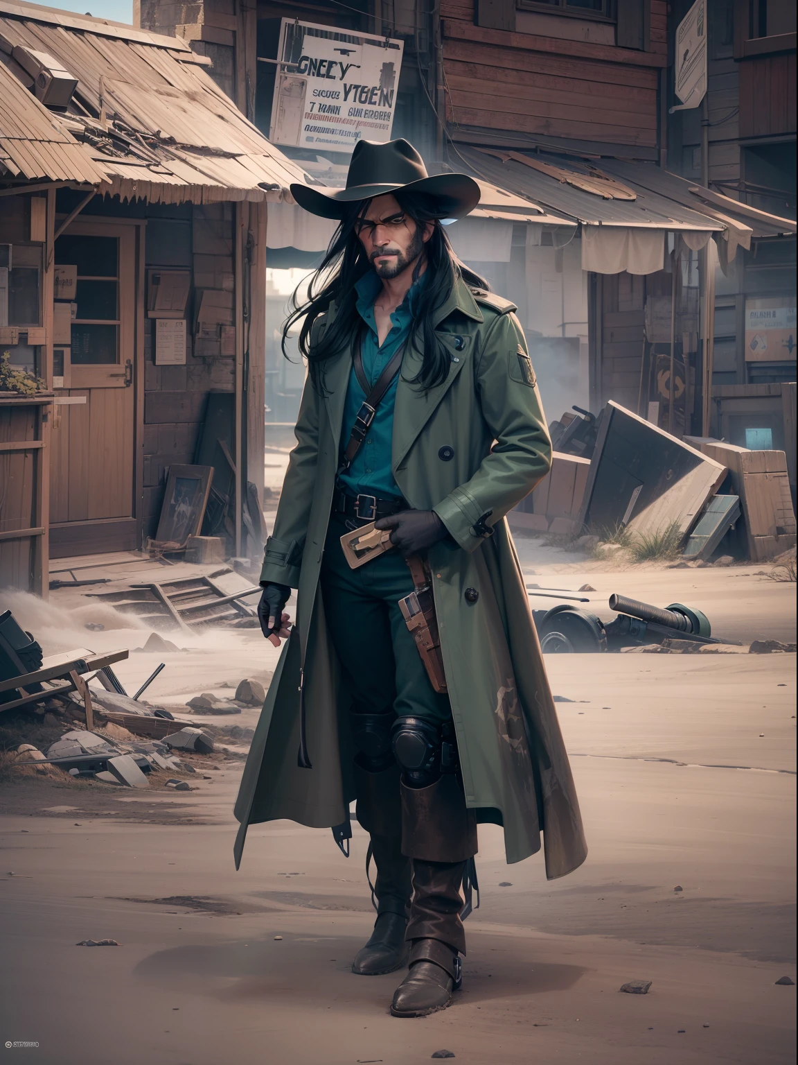 create a futuristic cowboy cyborg with long black hair and five o'clock shadow. He is wearing a cowboy hat, long black trench coat, green shirt with suspenders. shot with Sony A7s iii, post apocalyptic western town