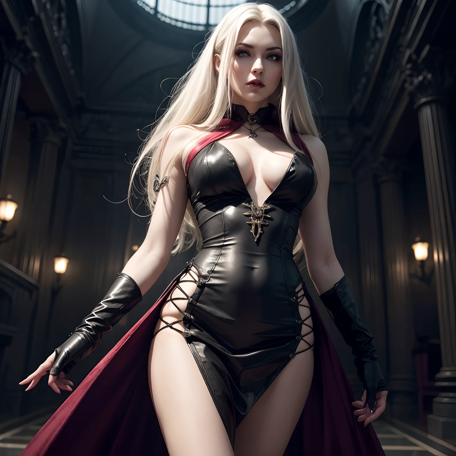 a gorgeous vampire woman dressed in a velvet dress and stockings, golden ratio, vampire in tight short dress, (smug and vicious:1.2), pale skin, (fangs:1.25), black dress, cushart krenz key art feminine, white haired deity, extremely detailed artgerm, gothic aestetic, high quality detailed art, vampire goddess, beautiful alluring woman, batcave gothic vibes, cinematic, 2.5d cgi fantasy artwork
