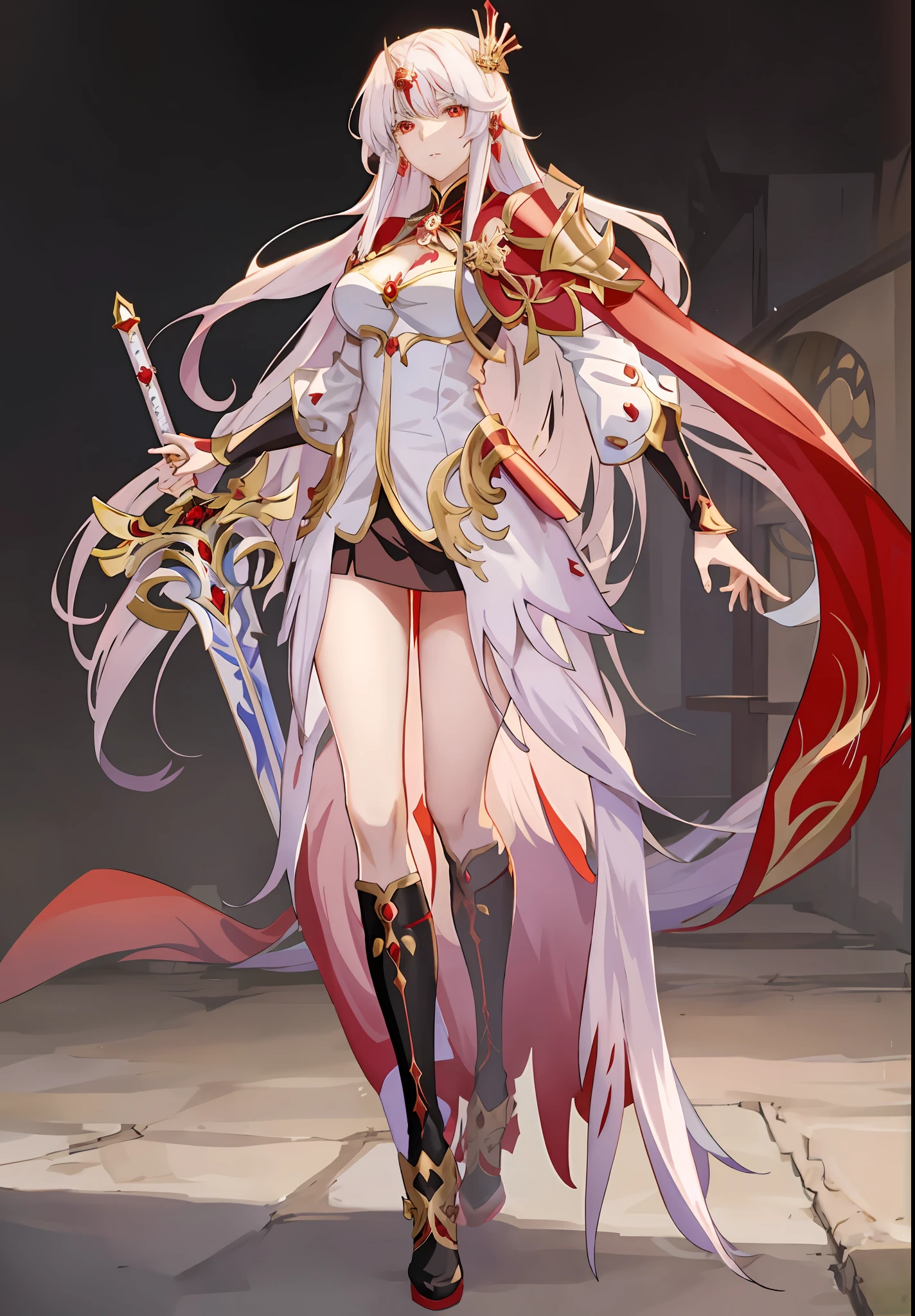 Anime characters with long white hair and red cape holding a long sword, Kushatt Krenz Key Art Women, ((a beautiful fantasy empress)), as a mystical valkyrie, Anime goddess, Genshin, zhongli from genshin impact, full - body majestic angel, Pretty Women with Perfect Figure, (,Big breasts)tight tshirt, Short skirt, 裸露的女生, Detailed eyes, 二重まぶた, cleavage
