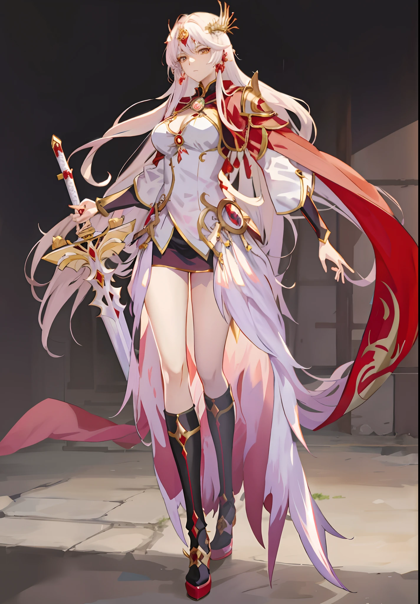 Anime characters with long white hair and red cape holding a long sword, Kushatt Krenz Key Art Women, ((a beautiful fantasy empress)), as a mystical valkyrie, Anime goddess, Genshin, zhongli from genshin impact, full - body majestic angel, Pretty Women with Perfect Figure, (,Big breasts)tight tshirt, Short skirt, 裸露的女生, Detailed eyes, 二重まぶた, cleavage