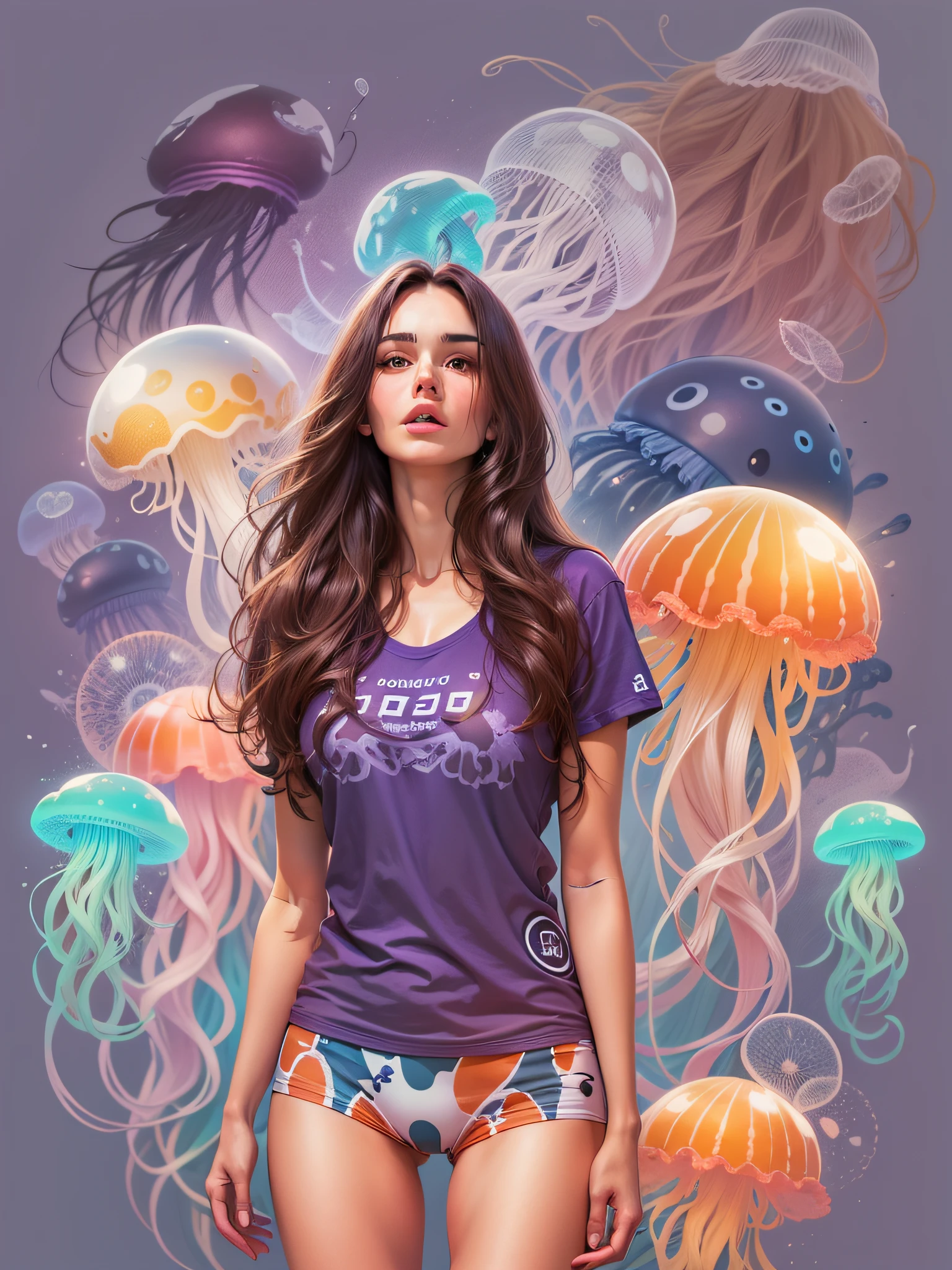 brunette woman with long brown hair, wearing purple bathing suit, surrounded by jellyfish, at beach, realistic style image, Surrounded by Vector VibraPrint Ready t-shirt design, white background, side view, label, clean white background, professional vector, very high detail , t-shirt design, vibrant.