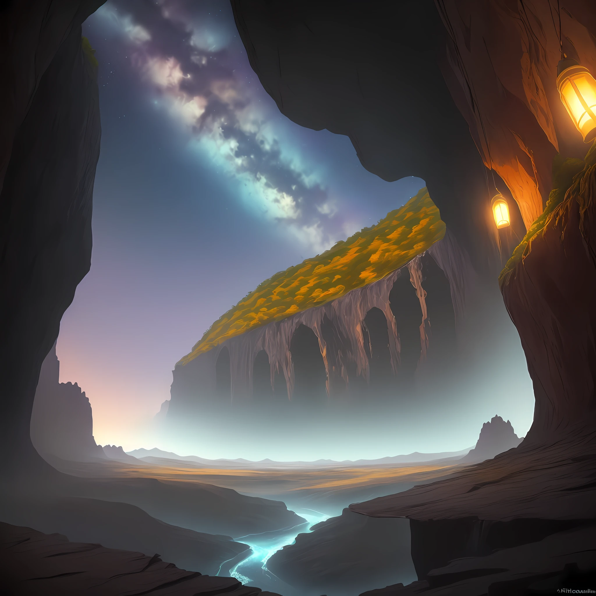 fotografia de paisagem expansiva, (a view from below that shows a cave and the open field below), uma garota loira correndo olhando para cima, (rachaduras: 1.2), (arte nas paredes: 0.9), (nebulosa: 1.3), dentro, Production art, (fonte de luz quente: 1.2), (Firefly: 1.2), bulb, muito roxo e laranja, detalhes complexos, volumeric lighting, realismo BREAK (obra-prima: 1.2), (melhor qualidade), 4k, ultra -detalhado, (dynamic compositing: 1.4), altamente detalhado, detalhes coloridos, (cores iridescentes: 1.2), (bright illumination, Atmospheric Illumination), sonhador, magica, (solo: 1.2)