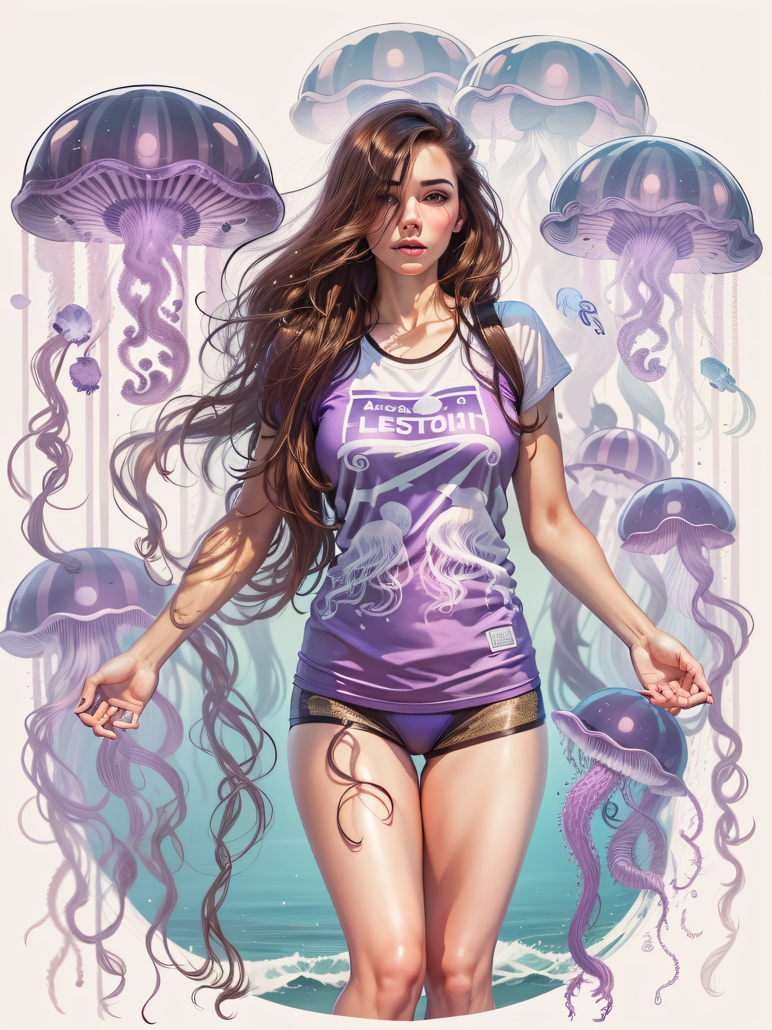 brunette woman with long brown hair, wearing purple bathing suit, surrounded by jellyfish, at beach, realistic style image, Surrounded by Vector VibraPrint Ready t-shirt design, white background, side view, label, clean white background, professional vector, very high detail , t-shirt design, vibrant.