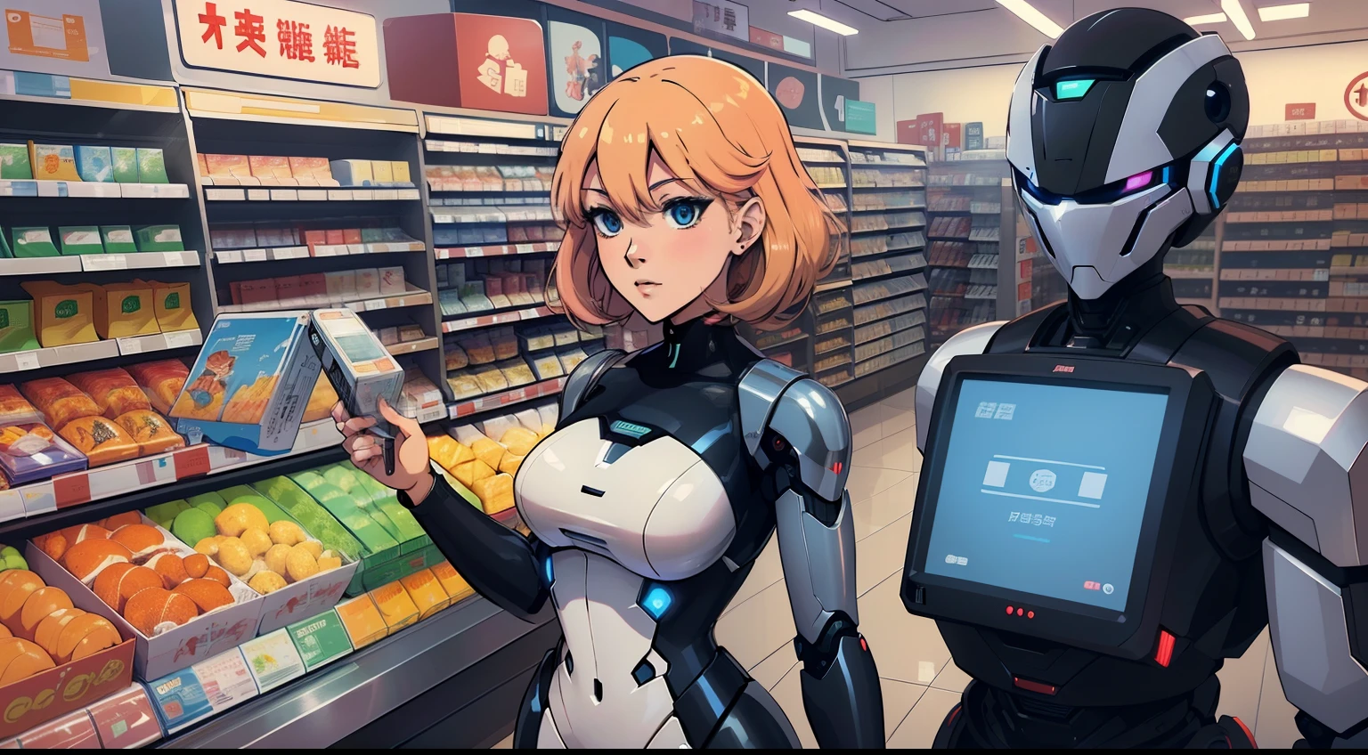 「Let's create anime-style illustrations of convenience stores fully automated with robots and AI technology. The scene is、Must depict a futuristic robot attending a store, Shelf replenishment, Empower virtual customers. Requires an advanced AI interface for counters for checkout, Eta、The atmosphere should feel futuristic and welcoming."