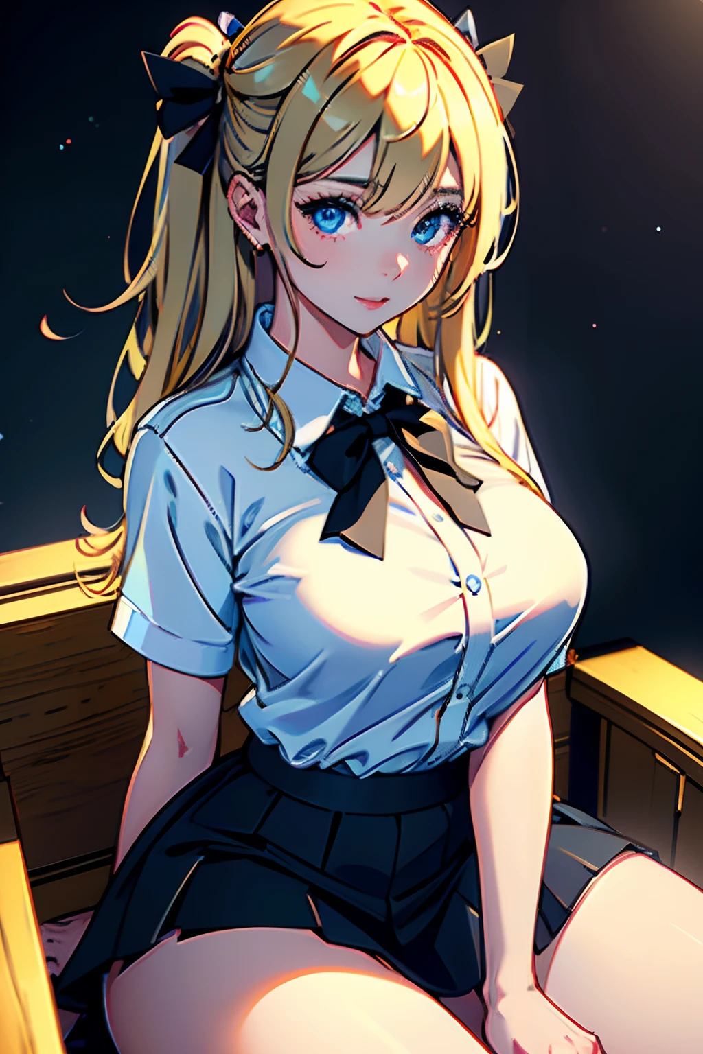 1girl, home, sit on the couch, solo, very large breasts, very large hips, round buttocks, hair ornament, sexy facial expressions, japanese uniform (white shirt with cute bow tie + black skirt), long blonde straight hair, blue eyes, smile (((masterpiece),(extremely detailed CG unity 8k wallpaper),best quality,,solo,1girl,cinematic lighting,detailed background,beautiful detailed eyes,bright pupils, (an extremely delicate and beautiful),(Beautiful and detailed eye description)， ultra-detailed,masterpiece,)),