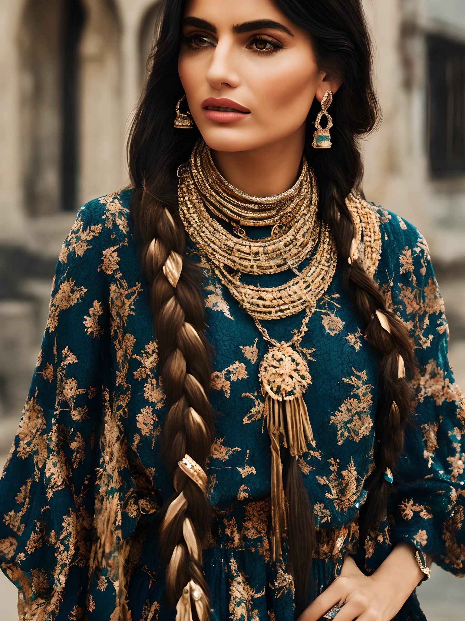 The central image is a cinematic shot to create a surrealistic version of the Babylonian style dress worn by a blue-eyed Arab woman in the promotional image. Including long braid, fur collar and ruby, emerald and diamond chain around the neck Long black hair