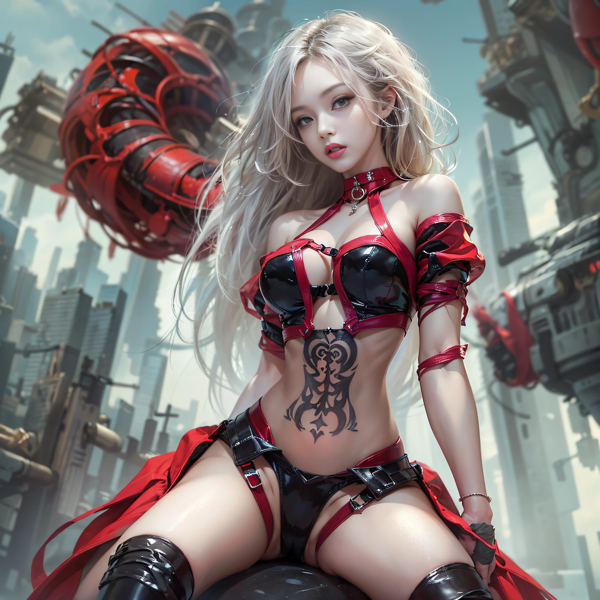 ((masterpiece:1.4)、(top-quality:1.4)、(reallistic:1.7))、a beauty girl、Sexy Daughter、Super beautiful girl、1girl in:1.4、Super sexy bondage outfits、Glossy luxury latex、Luxury Latex Bodysuit、By Luis Royo、age19、Super Ultra Ultra Bikini、(Looking Back Beauty:1.4)、Cute tattoos、Outstanding style、(Two legs are drawn correctly:1.7)、(Two arms are drawn correctly:1.7)、Anatomically correct depiction of limbs、Slender Abs、(beauty legs:1.4)、beautiful countenance、kawaii faces、Beautiful ass、A detailed eye、beautidful eyes、Raw photo、red-lips、Red high heels、a choker、a necklace、耳Nipple Ring、Futuristic City Fantasy、