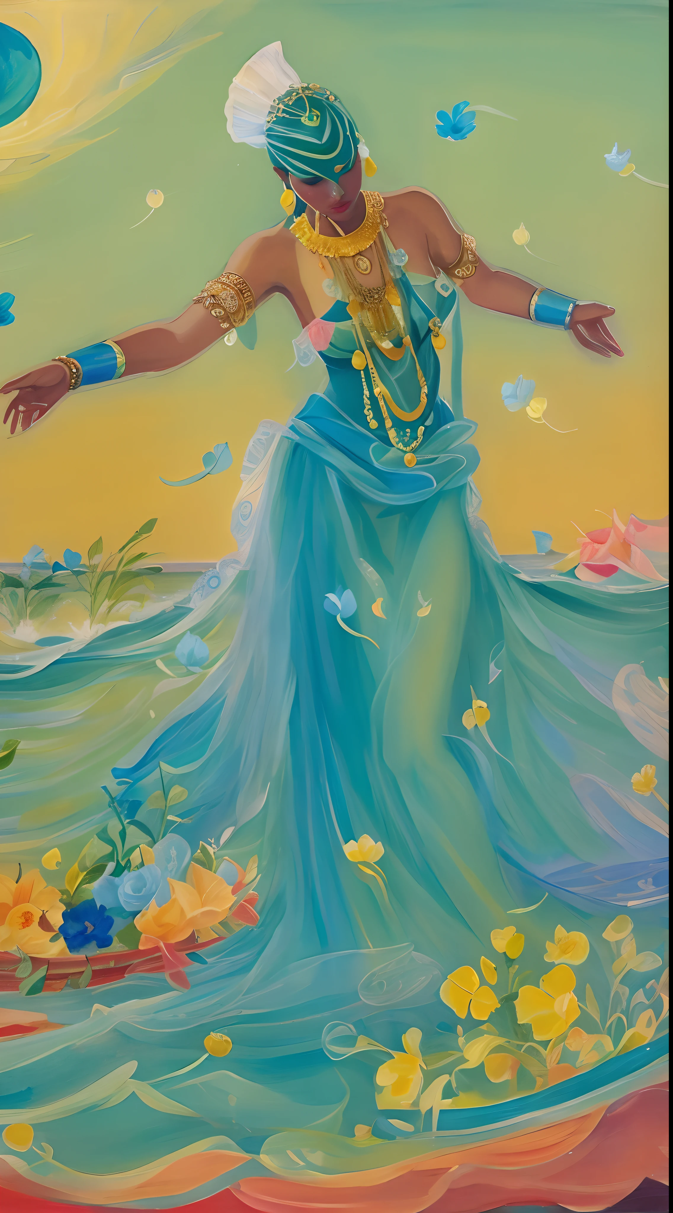 Painting of a woman in a blue dress standing in the ocean, Deusa do Oceano, Deusa do Mar, the non-binary deity of spring, inspired by Léon Bakst, inspirado em Ann Thetis Blacker, Mami Wata, art deco flower shaman, deusa flor, inspirado em Nassos Daphnis, inspirado em Nils von Dardel