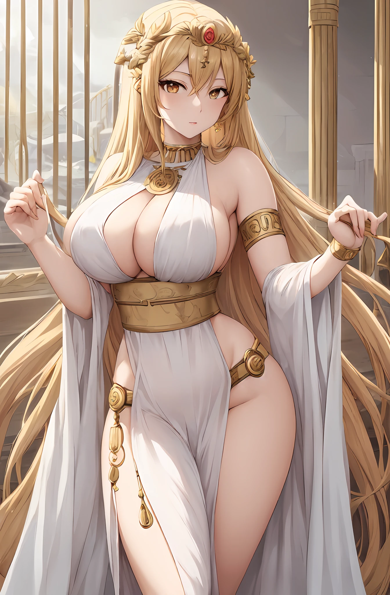 anime style, anime, ((peplos)), ((greek clothes)), ((demigod of the goddess Hera)), mature female, curvy, hourglass figure, Masterpiece, absurdres, fine detail, HDR, solo, upper body, golden eyes, blonde hair, seductive gaze,