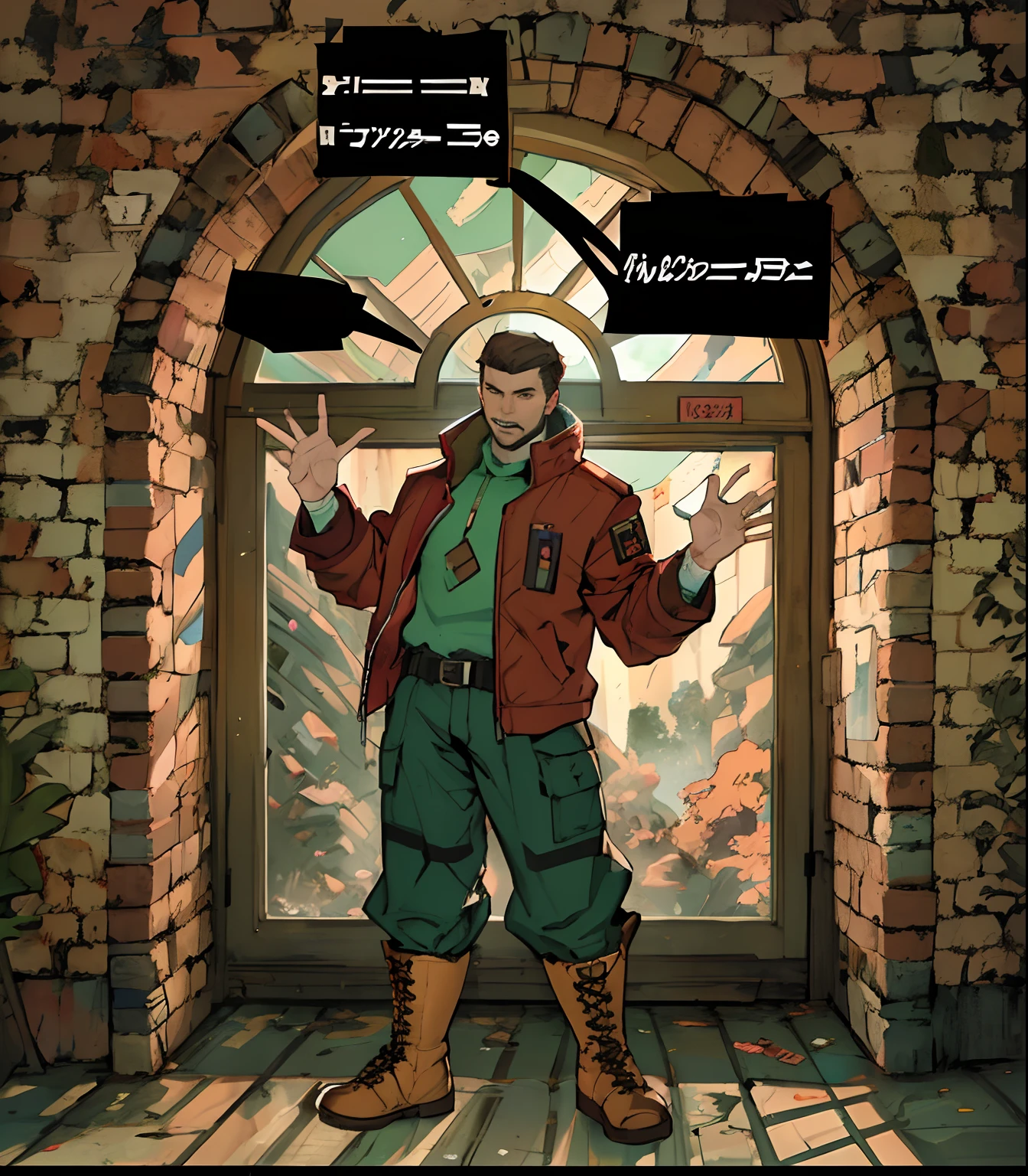 Comic book on a man in a red jacket and brown boots, standing in front of the window, Стиль Disco Elysium!!!, Стиль Disco Elysium, Character portrait