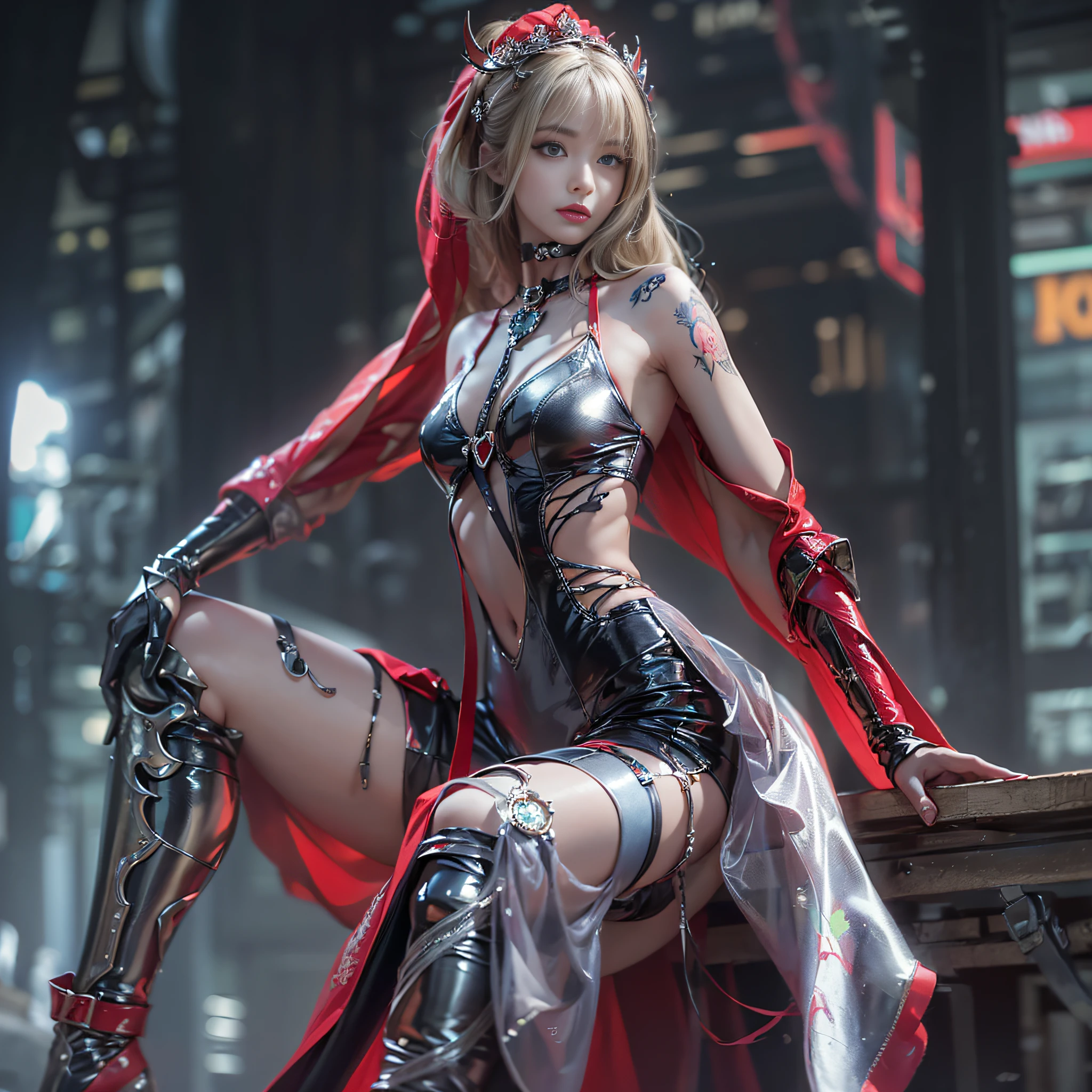 ((masterpiece:1.4)、(top-quality:1.4)、(reallistic:1.7))、a beauty girl、Sexy Daughter、Super beautiful girl、1girl in:1.4、Super sexy bondage outfits、Glossy luxury latex、Luxury Latex Bodysuit、By Luis Royo、age19、Super Ultra Ultra Bikini、(Looking Back Beauty:1.4)、Cute tattoos、Outstanding style、(Two legs are drawn correctly:1.7)、(Two arms are drawn correctly:1.7)、Anatomically correct depiction of limbs、Slender Abs、(beauty legs:1.4)、beautiful countenance、kawaii faces、Beautiful ass、A detailed eye、beautidful eyes、Raw photo、red-lips、Red high heels、a choker、a necklace、耳Nipple Ring、Futuristic City Fantasy、