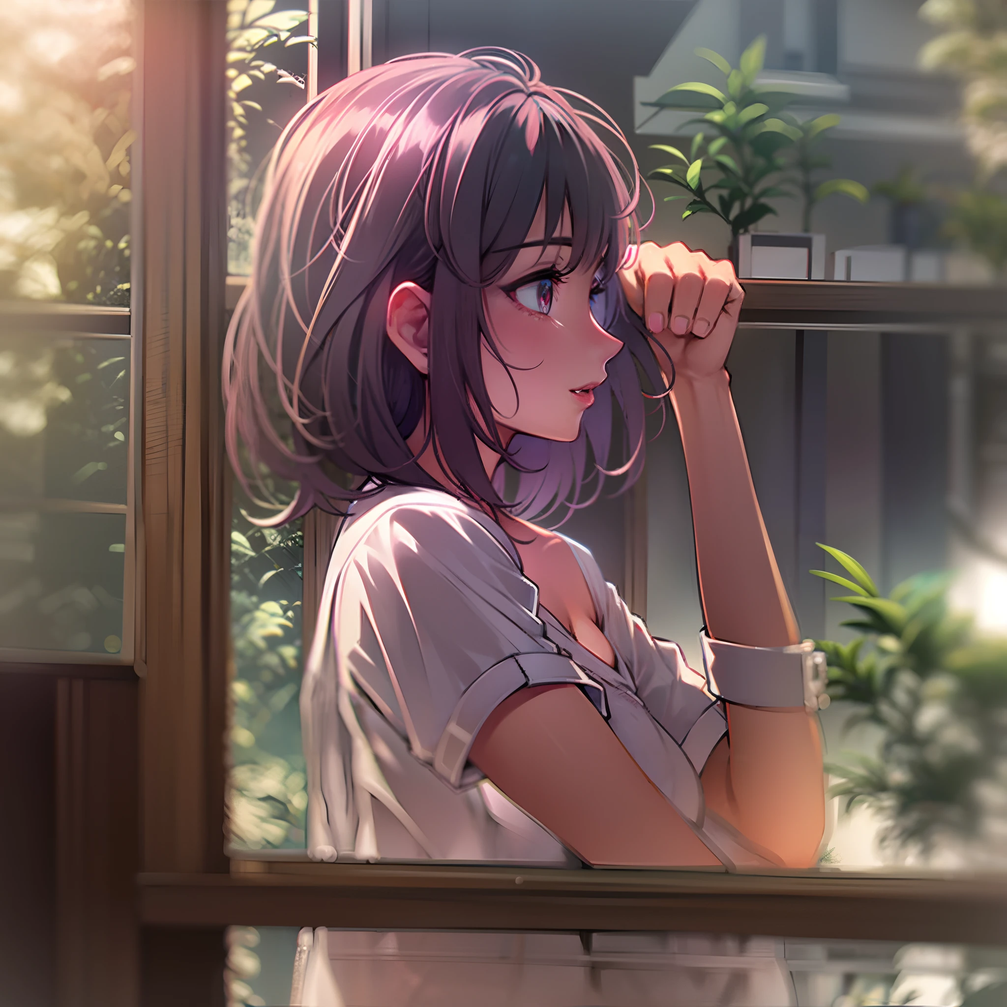 Anime girl looking out the window with her hand on top of her arm, anime. soft lighting, capa de anime, cara de anime bonita, anime fotorrealista, Anime detalhado soft face, Makoto Shinkai. High detail, perfil de menina anime, visual anime de uma menina bonito, anime vibes, cara de anime perfeita, estilo realismo anime, 8k)), lol fi, cara bonita do anime