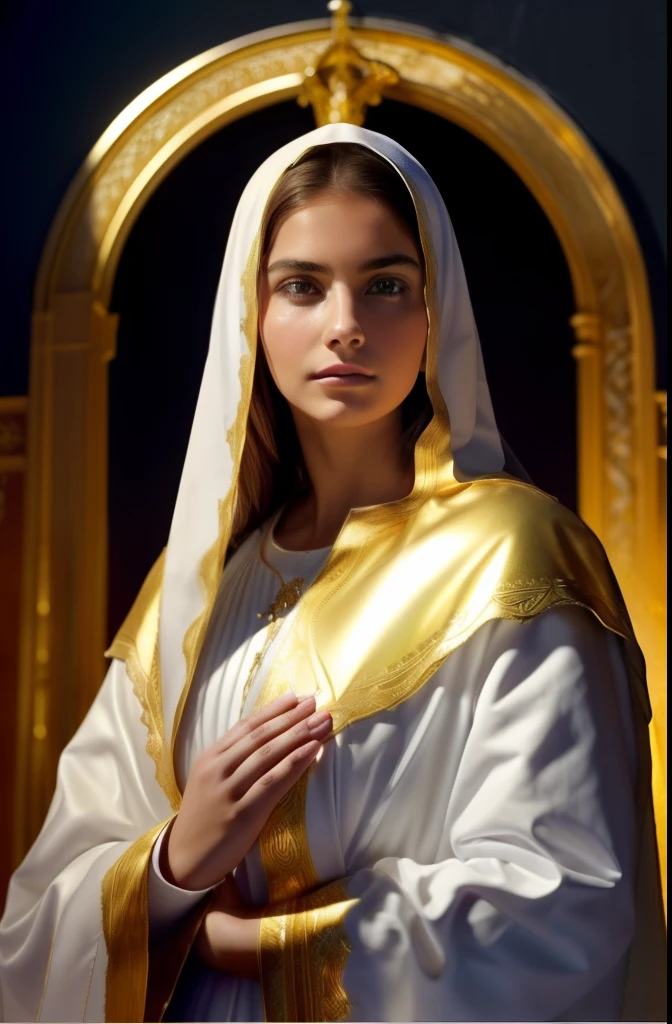 ((Blessed Virgin Mary. 19 years old))) ((( Con una cara seria y piadosa. Con una mirada dulce y tierna))) (obra maestra, calidad superior, mejor calidad, arte oficial, beautiful and aesthetic: 1.2), (1girl), extremadamente detallado, (Arte fractal: 1.3), colorido, highest detailed, Cara perfecta, parte superior del cuerpo, HDR, (orando: 1.3), (golden lines of white coat: 1.2), galaxia, (rayas de luz), eye-catching visuals, (dynamic stripes, senderos luminosos: 1.2), colores vibrantes,