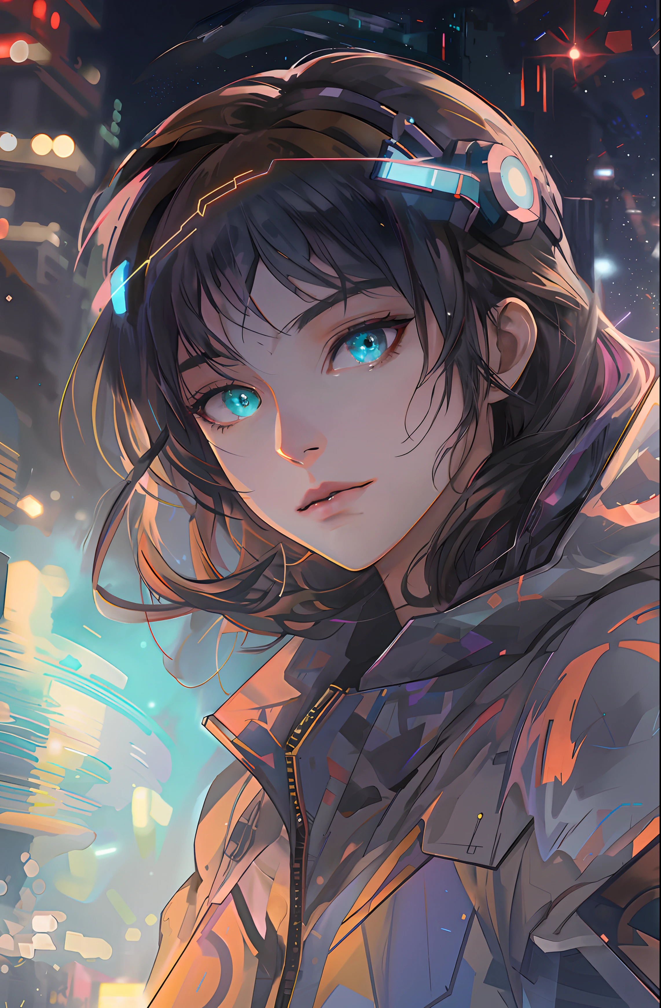 Turquoise eyes，Correct pupils，Nice highlight，anime backgrounds, drawing, dark space anime, night, in the style of realistic hyper-detailed portraits, bokeh, futuristic glam, delicate portraits, aurorapunk, glass fragments art, low-angle