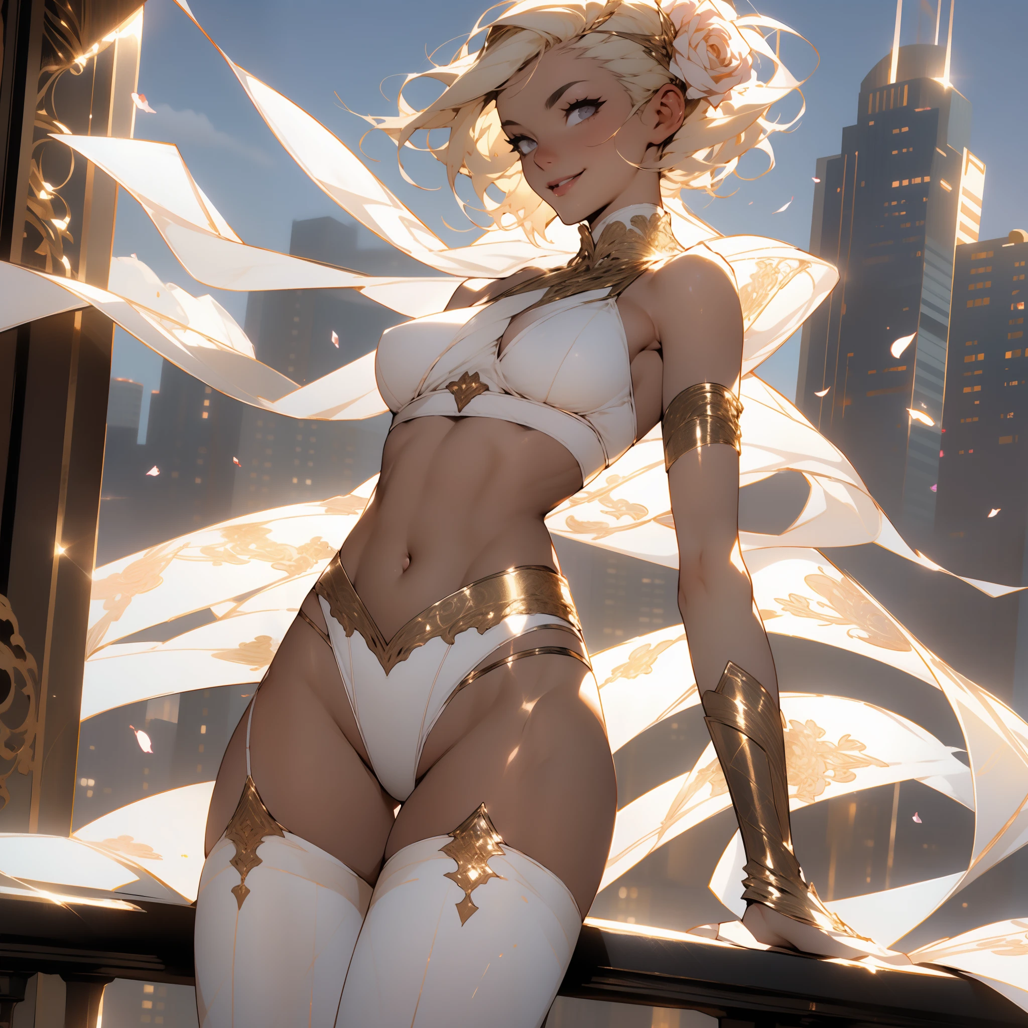 Outside, beautiful day, partly cloudy, skinny girl, pale skin, small breasts, short messy blonde hair, tight white sports bra with rose gold trim, tight white Brazilian bikini bottoms with rose gold trim, white cape with rose gold trim, white stockings, white boots, , standing on a rooftop, a big smile on her face, city skyline in background