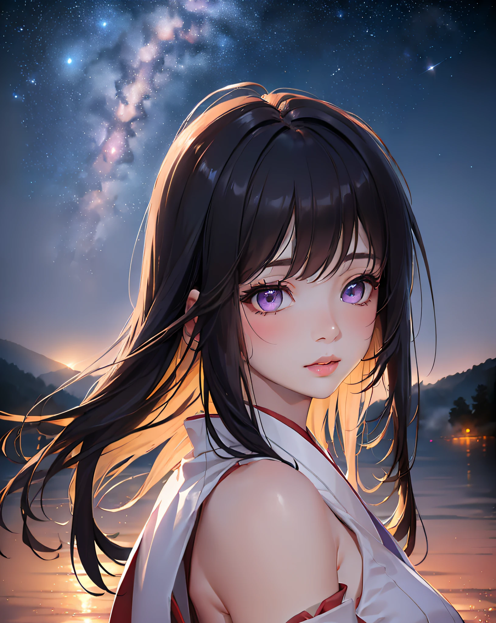 ((from behind:1.3)), ((Realistic, Photorealistic: 1.37), (Masterpiece, Best Quality: 1.37), (Ultra High Resolution: 1.2), (RAW Photo: 1.2), (Sharp Focus: 1.3), (Face Focus: 1.2), (Ultra Detailed CG Unified 8k Wallpaper: 1.2), (Beautiful Skin: 1.2), (pale Skin: 1.3), (Hyper Sharp Focus: 1.5), (Ultra Sharp Focus: 1.5), ( Beautiful pretty face: 1.3), (Japanese actress face:1.3), (super detailed background, detail background: 1.3), high quality shadow, beautiful detailed, beautiful face, detailed eyes, highres, best shadow, best illumination, BREAK, 1girl, solo, purple eyes, long hair, miko outfit, realistic, black hair, bangs, ((looking up:1.3)), cosplay, lips, full body, blush, arms down, BREAK, walking on water, under starry sky, starry sea, detailed beautiful and fantastic night lake background, deep-fog, smoke, night time, dynamic angle, from behind,