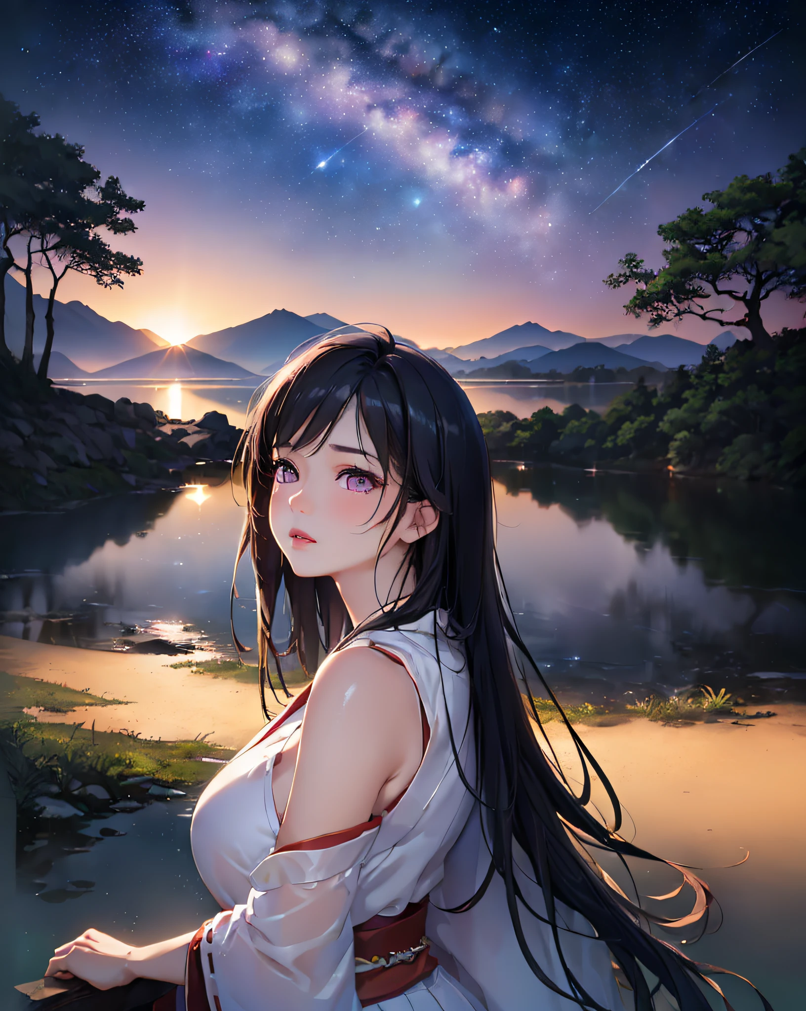 ((from behind:1.3)), ((Realistic, Photorealistic: 1.37), (Masterpiece, Best Quality: 1.37), (Ultra High Resolution: 1.2), (RAW Photo: 1.2), (Sharp Focus: 1.3), (Face Focus: 1.2), (Ultra Detailed CG Unified 8k Wallpaper: 1.2), (Beautiful Skin: 1.2), (pale Skin: 1.3), (Hyper Sharp Focus: 1.5), (Ultra Sharp Focus: 1.5), ( Beautiful pretty face: 1.3), (Japanese actress face:1.3), (super detailed background, detail background: 1.3), high quality shadow, beautiful detailed, beautiful face, detailed eyes, highres, best shadow, best illumination, BREAK, 1girl, solo, purple eyes, long hair, miko outfit, realistic, black hair, bangs, ((looking up:1.3)), cosplay, lips, full body, blush, arms down, BREAK, walking on water, under starry sky, starry sea, detailed beautiful and fantastic night lake background, deep-fog, smoke, night time, dynamic angle, from behind,