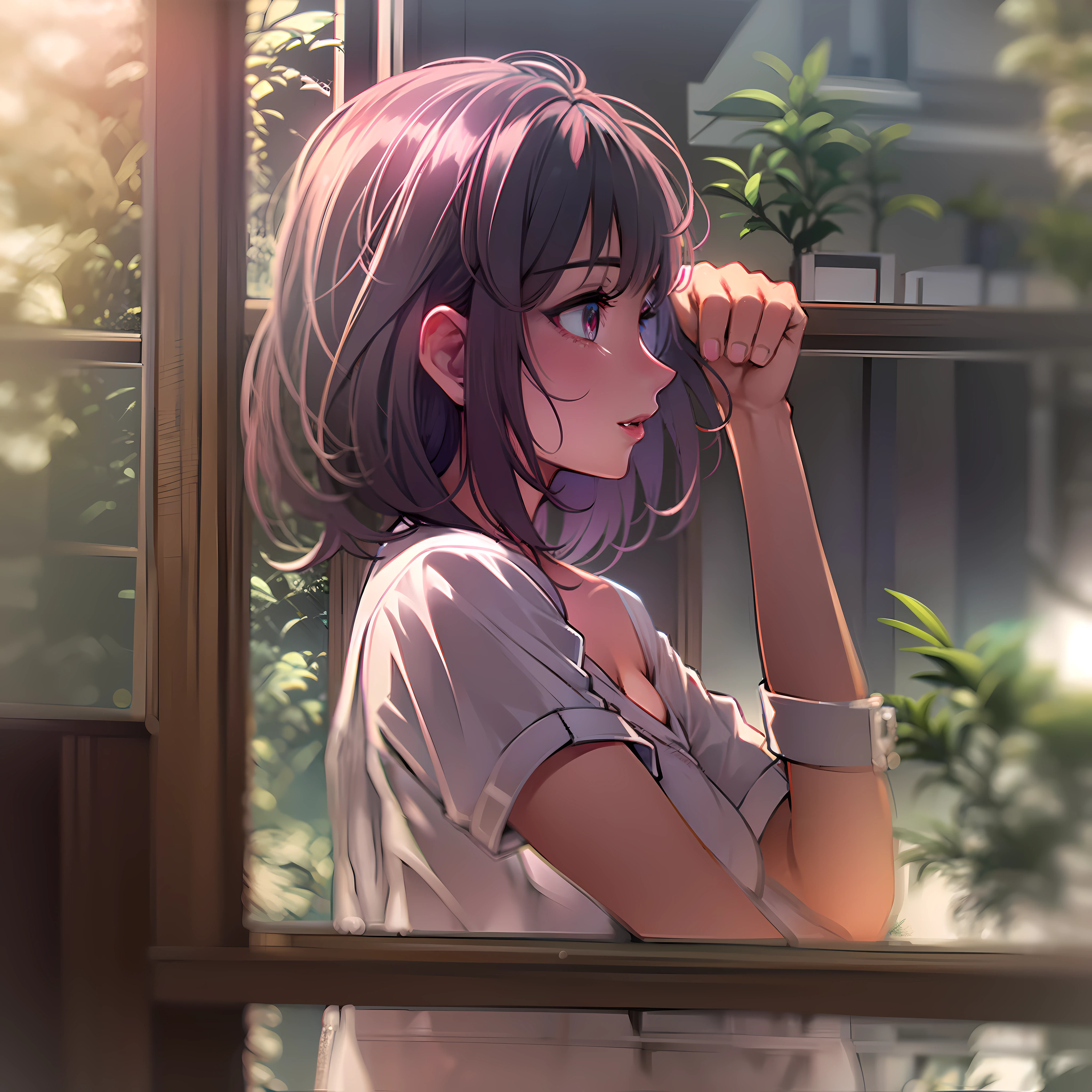 Anime girl looking out the window with her hand on top of her arm, anime. soft lighting, capa de anime, cara de anime bonita, anime fotorrealista, Anime detalhado soft face, Makoto Shinkai. High detail, perfil de menina anime, visual anime de uma menina bonito, anime vibes, cara de anime perfeita, estilo realismo anime, 8k)), lol fi, cara bonita do anime