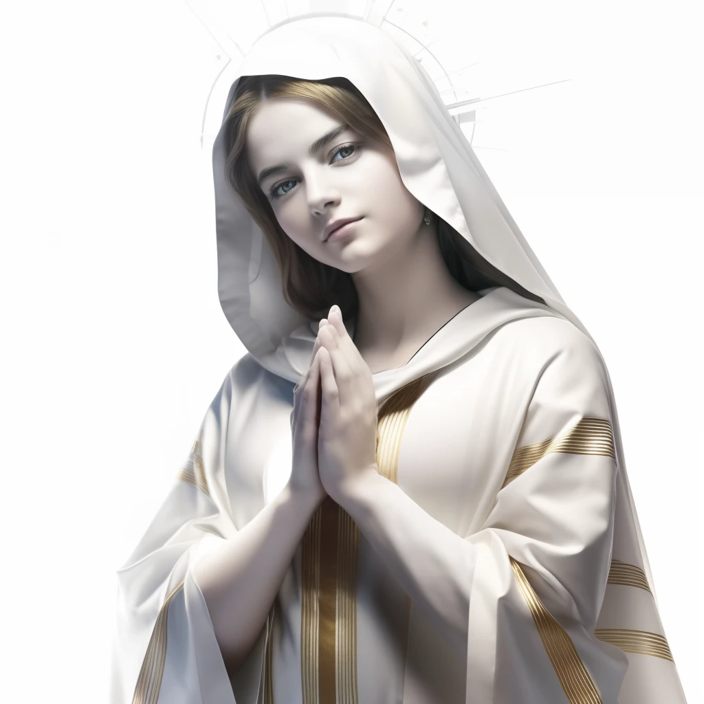 ((Blessed Virgin Mary. 19 years old))) ((( Con una cara seria y piadosa. Con una mirada dulce y tierna))) (obra maestra, calidad superior, mejor calidad, arte oficial, beautiful and aesthetic: 1.2), (1girl), extremadamente detallado, (Arte fractal: 1.3), colorido, highest detailed, Cara perfecta, parte superior del cuerpo, HDR, (orando: 1.3), (golden lines of white coat: 1.2), galaxia, (rayas de luz), eye-catching visuals, (dynamic stripes, senderos luminosos: 1.2), colores vibrantes,
