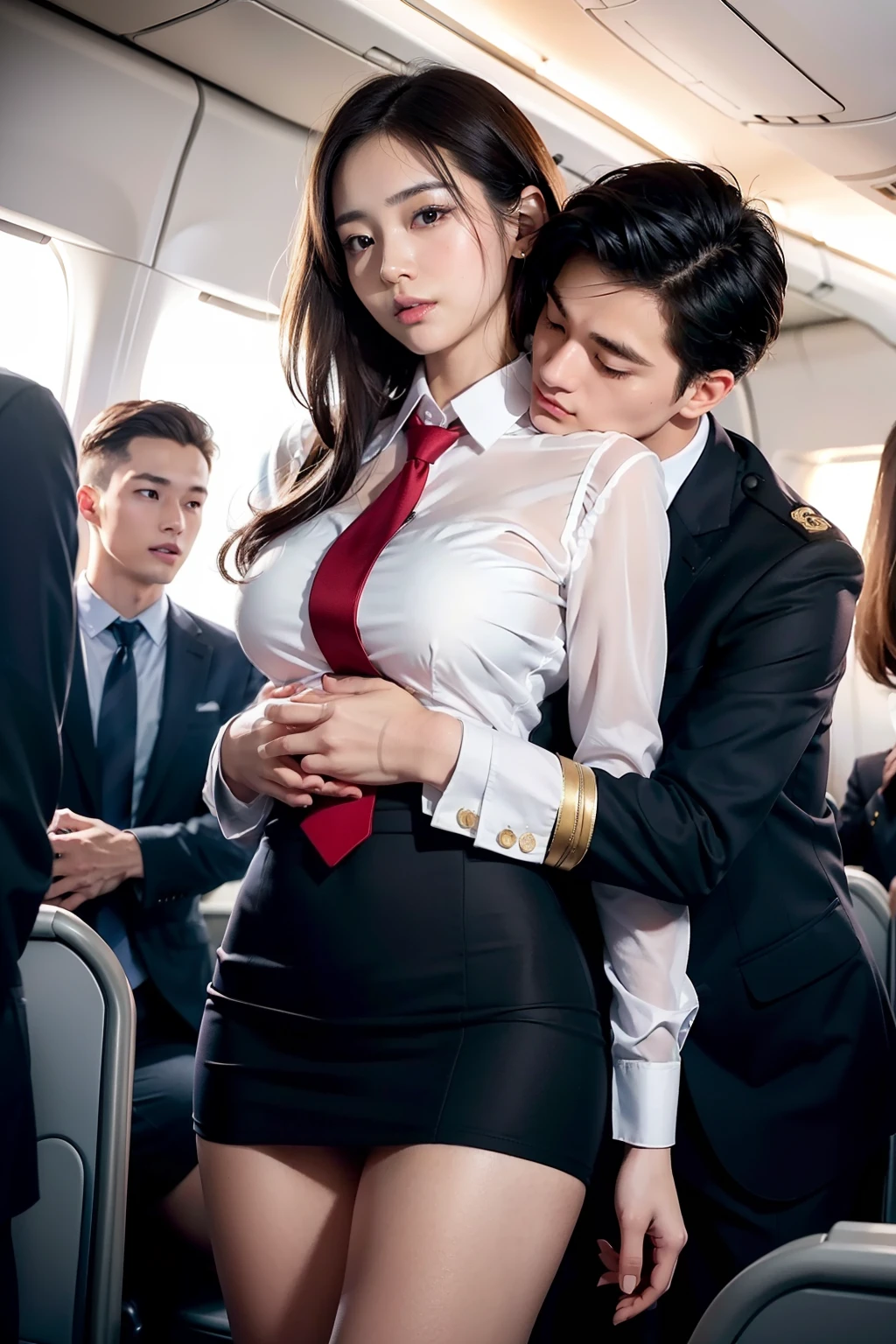 (in 8K、Raw photography、Highest Quality、realisitic、Photorealsitic、Professional Lighting、​masterpiece、extremely delicate and beautiful、Highly detailed、finely detail、ultra-detailliert、hight resolution、full-shot)、SFW、Detailed scenario of a very crowded cabin、(((On the plane)))、1girl in、1 Flight attendants、Beautiful female flight attendant(woman 1)ha、Wearing a flight attendant uniform、Beautiful face:1.5、Model body type、small tits、All passengers except one female are male.......:3、Young man in suit、(woman 1)Touching the body of、Young men(woman 1)hug from behind、Young men(woman 1)Touching the chest of、Young men(woman 1)Flip up the skirt of、Black panties are visible、