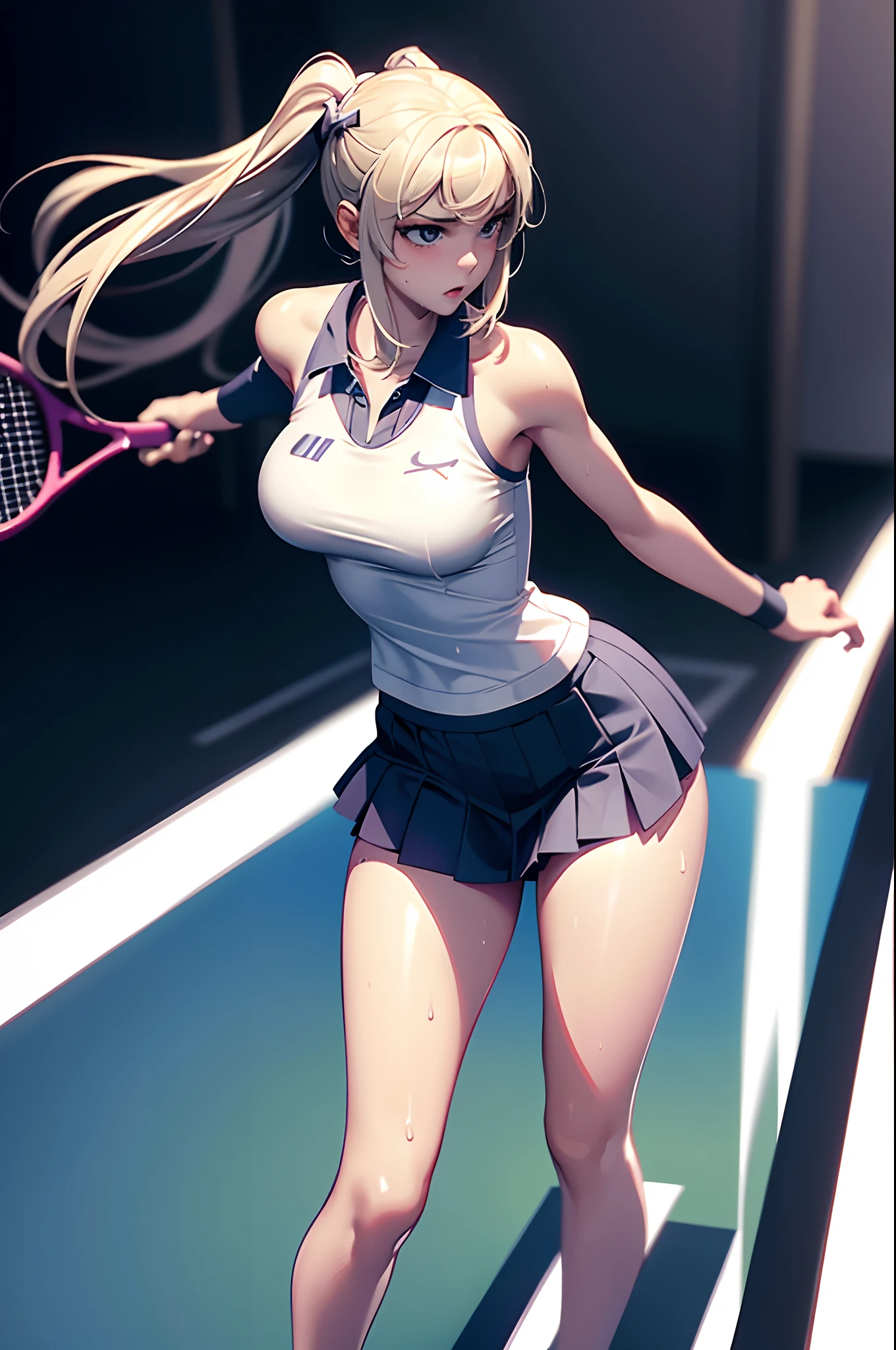 ultra detailed photographic, Full body,1 Teenage　girl, Tennis Uniform,Skirt,nice legs, Large breasts,Wet　skins,Sweat,Female athletes, Tennis venues,Dynamic Angle