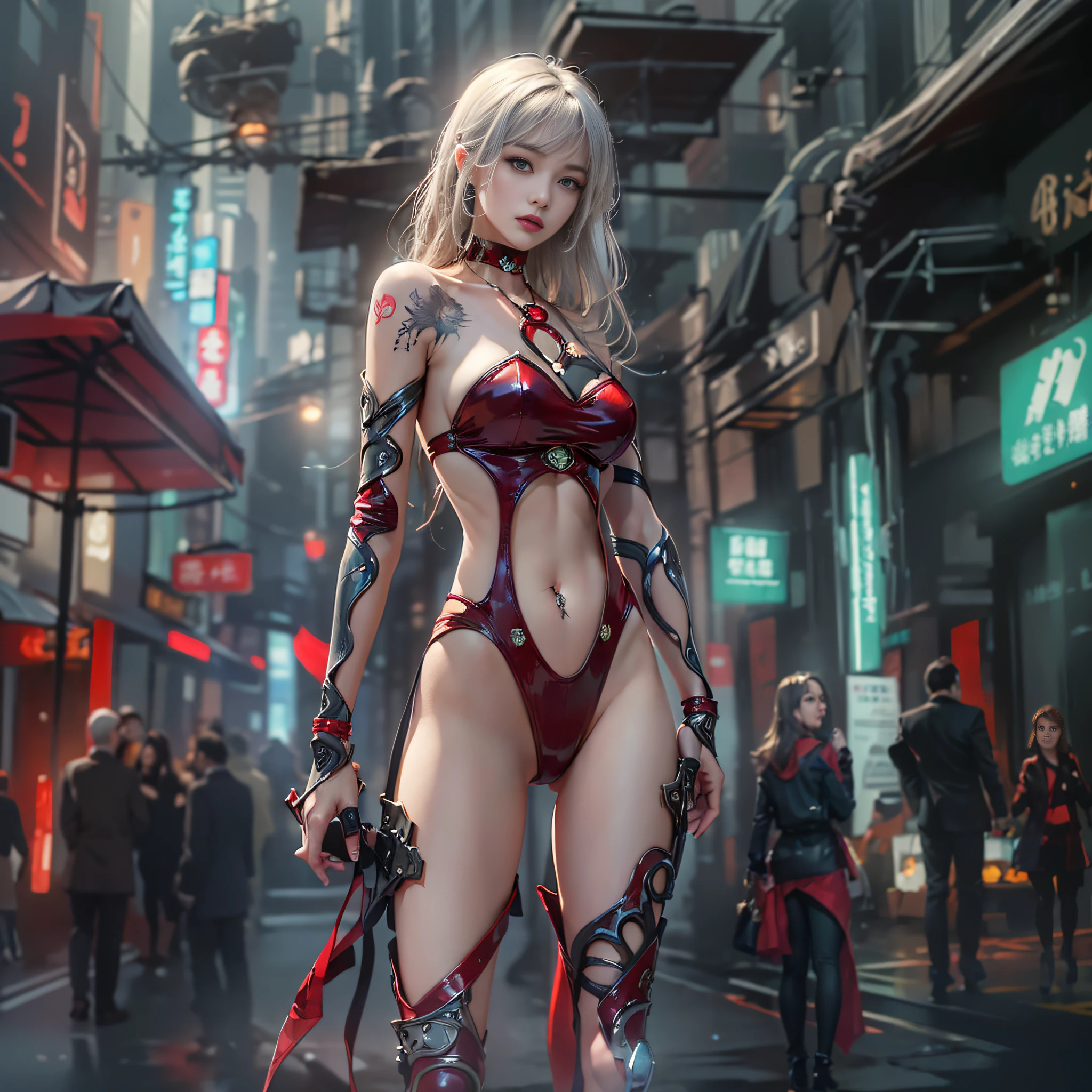 ((​masterpiece:1.4)、(top-quality:1.4)、(reallistic:1.7))、a beauty girl、Sexy Daughter、Super beautiful girl、1girl in:1.4、Super sexy bondage outfits、Glossy luxury latex、Luxury Latex Bodysuit、By Luis Royo、age19、Super Ultra Ultra Bikini、(Looking Back Beauty:1.4)、Cute tattoos、Outstanding style、(Two legs are drawn correctly:1.7)、(Two arms are drawn correctly:1.7)、Anatomically correct depiction of limbs、Slender Abs、(beauty legs:1.4)、beautiful countenance、kawaii faces、Beautiful ass、A detailed eye、beautidful eyes、Raw photo、red-lips、Red high heels、a choker、a necklace、耳Nipple Ring、Futuristic City Fantasy、