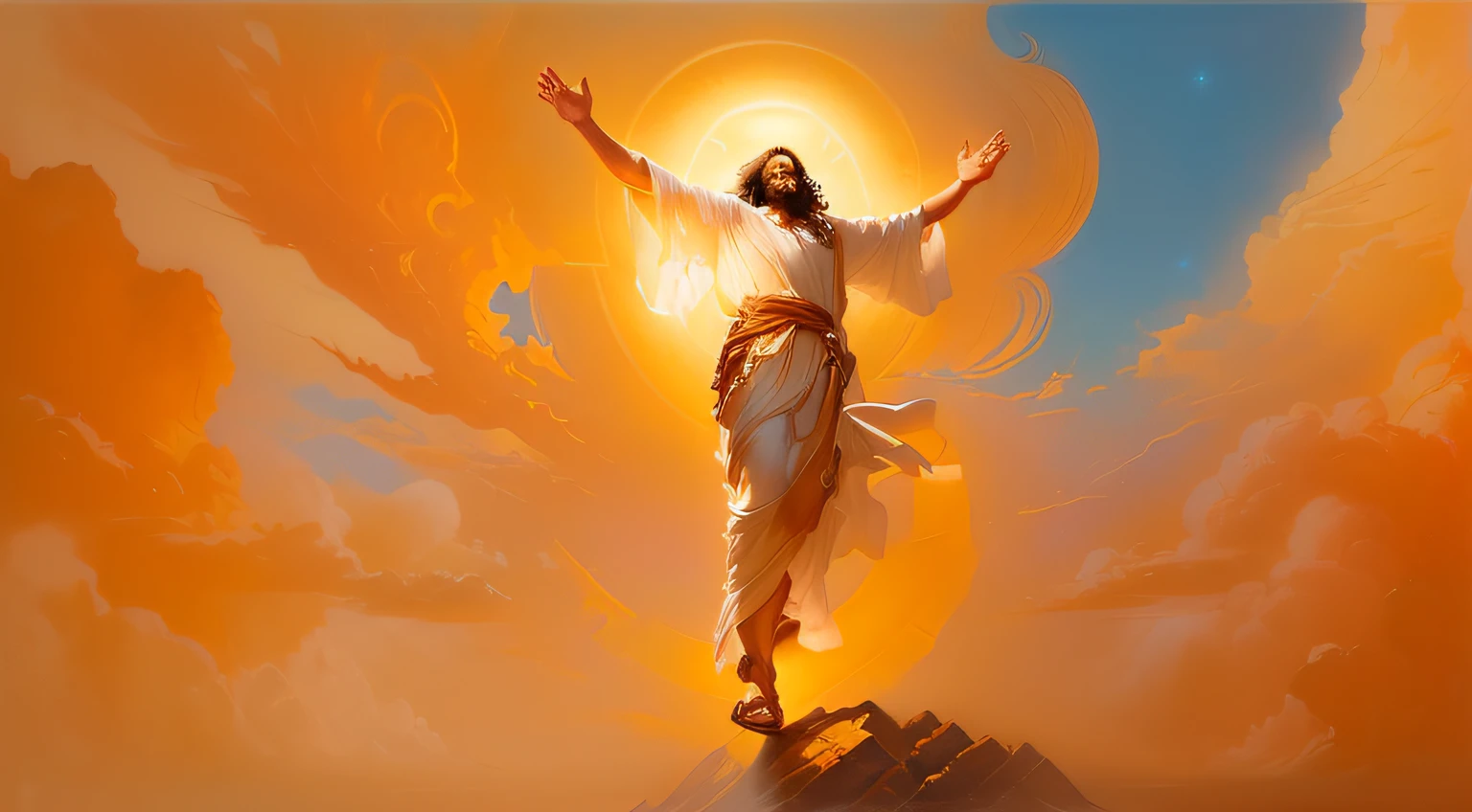 A painting of Jesus walking on a rock with his arms outstretched, ascension, epic biblical representation, Jesus Cristo, Jesus walking on water, arrebatamento celestial, Directed by: Christophe Vacher, biblical painting, O Senhor e Salvador, Jesus, moses, Jovem Deus Todo-Poderoso, Directed by: Thomas Blackshear, Segunda vinda, Christian art, inspirado em Christophe Vacher, rob mcnaughton