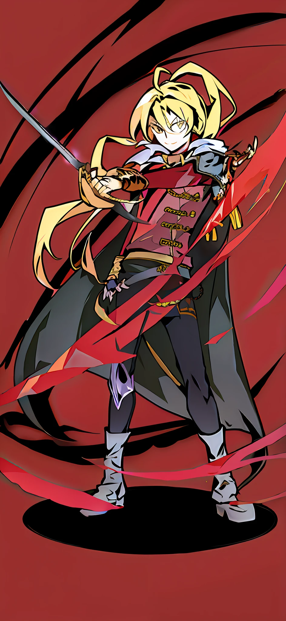 blonde man,swordsman,cavalier,Figures with sword and cloak on red background,epic sense