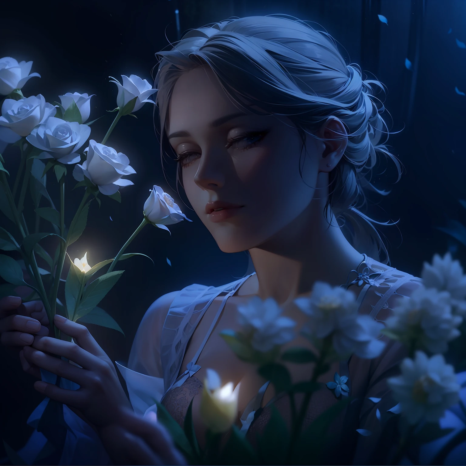 there is a woman holding a flower in her hand, a still of an ethereal, with frozen flowers around her, still from a music video, beautiful cinematography, art house film aesthetic, extremely moody blue lighting, dreamy atmosphere and drama, holding magic flowers, terrence malick screenshots, eerie david lynch cinematography, still frame from a movie, holding flowers, roses in cinematic light