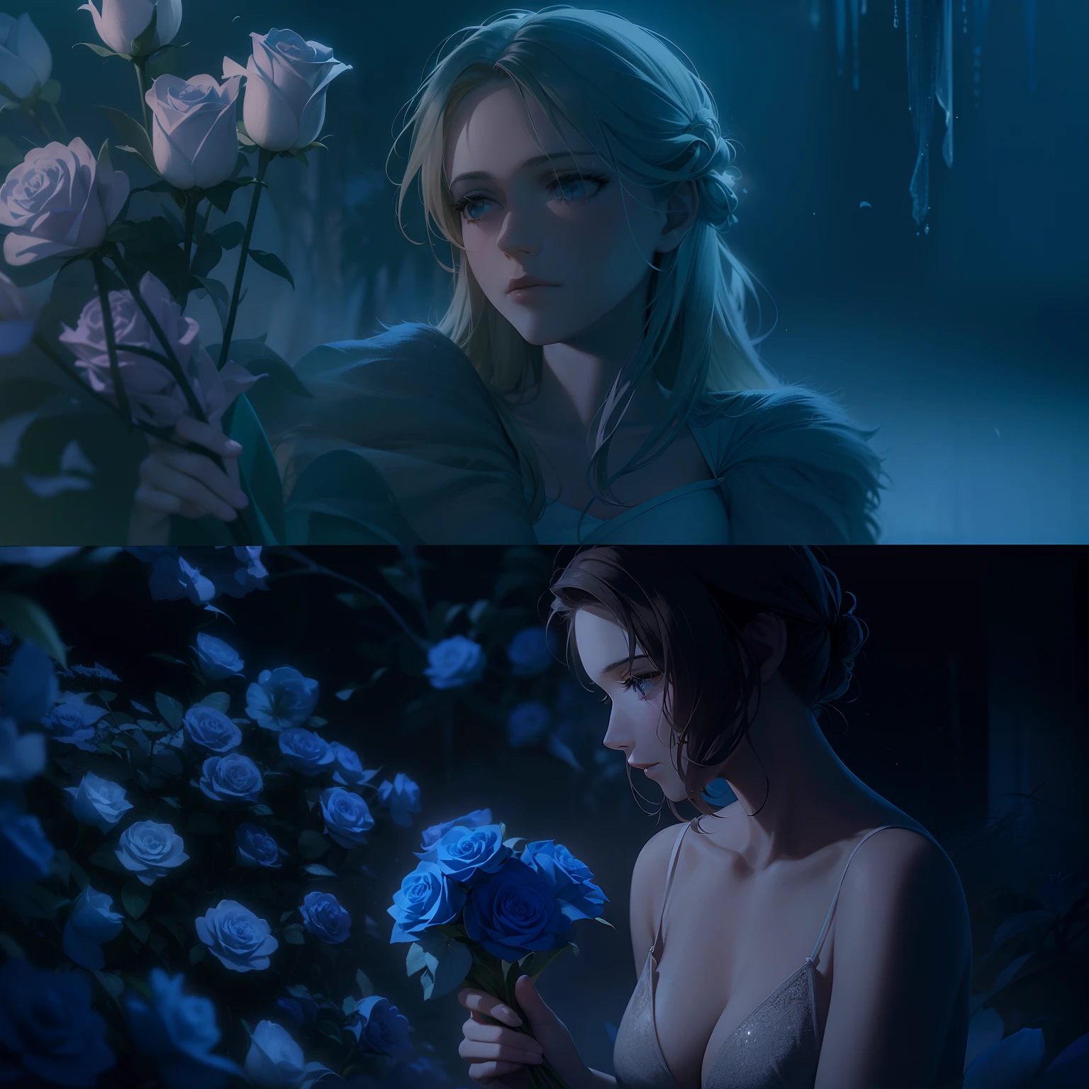 there is a woman holding a flower in her hand, a still of an ethereal, with frozen flowers around her, still from a music video, beautiful cinematography, art house film aesthetic, extremely moody blue lighting, dreamy atmosphere and drama, holding magic flowers, terrence malick screenshots, eerie david lynch cinematography, still frame from a movie, holding flowers, roses in cinematic light