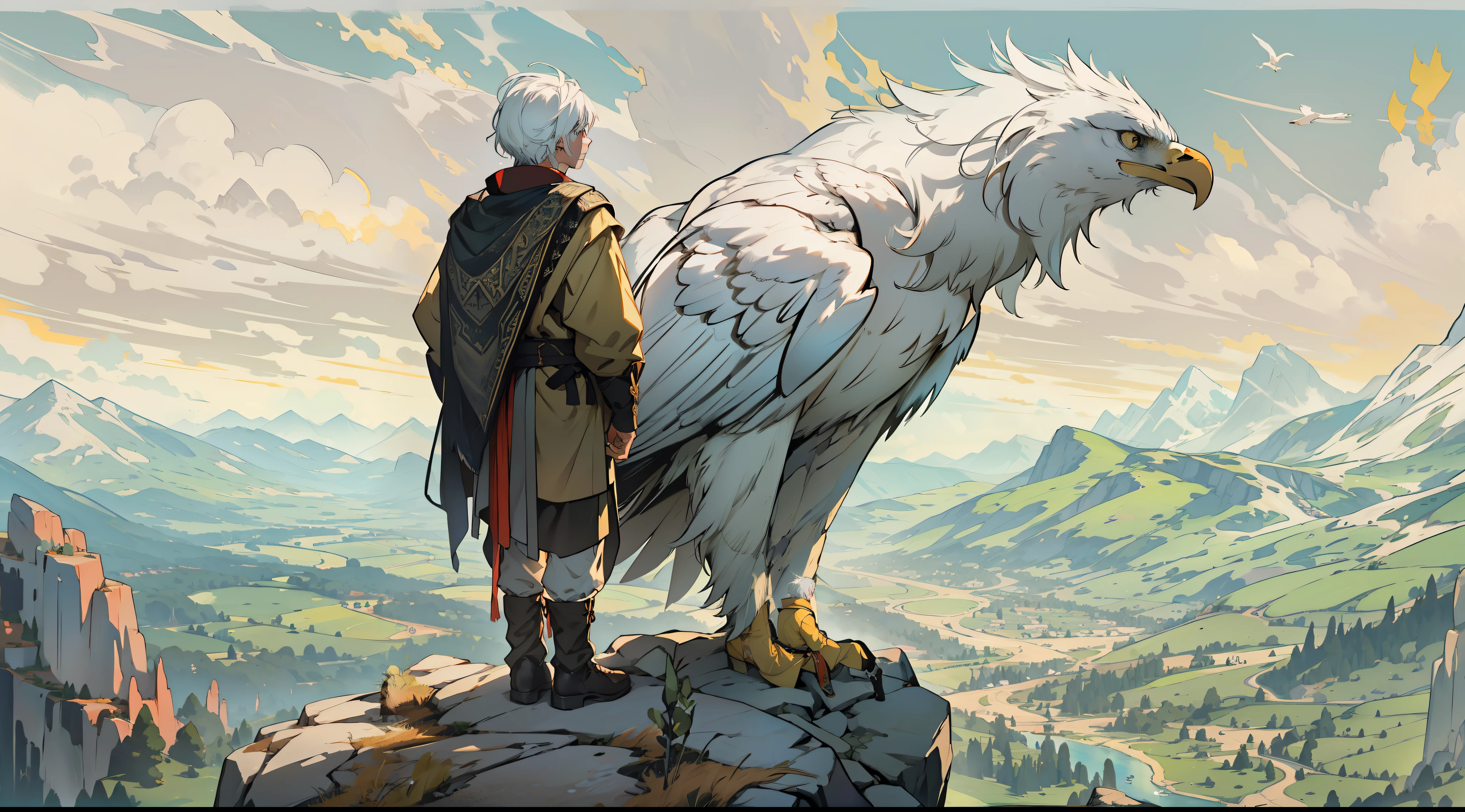 "Three Sided view, A young boy with white hair stands beside a majestic eagle perched atop a towering rock, both gazing out at the breathtaking valley below."