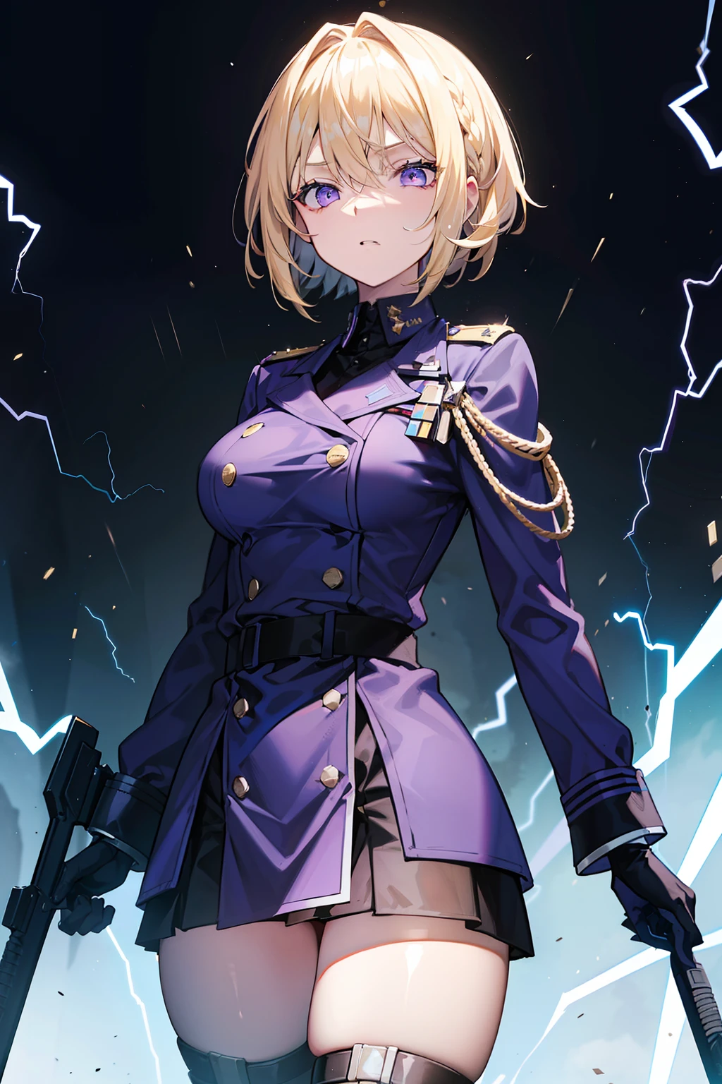 "A powerful and intimidating blonde girl with a lob hairstyle and purple eyes, wearing a black military uniform with blue highlights, surrounded by crackling electricity."