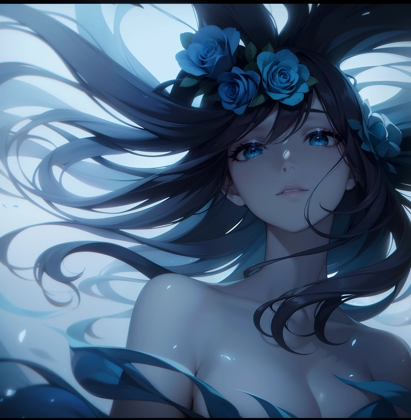 there is a woman holding a flower in her hand, a still of an ethereal, with frozen flowers around her, still from a music video, beautiful cinematography, art house film aesthetic, extremely moody blue lighting, dreamy atmosphere and drama, holding magic flowers, terrence malick screenshots, eerie david lynch cinematography, still frame from a movie, holding flowers, roses in cinematic light