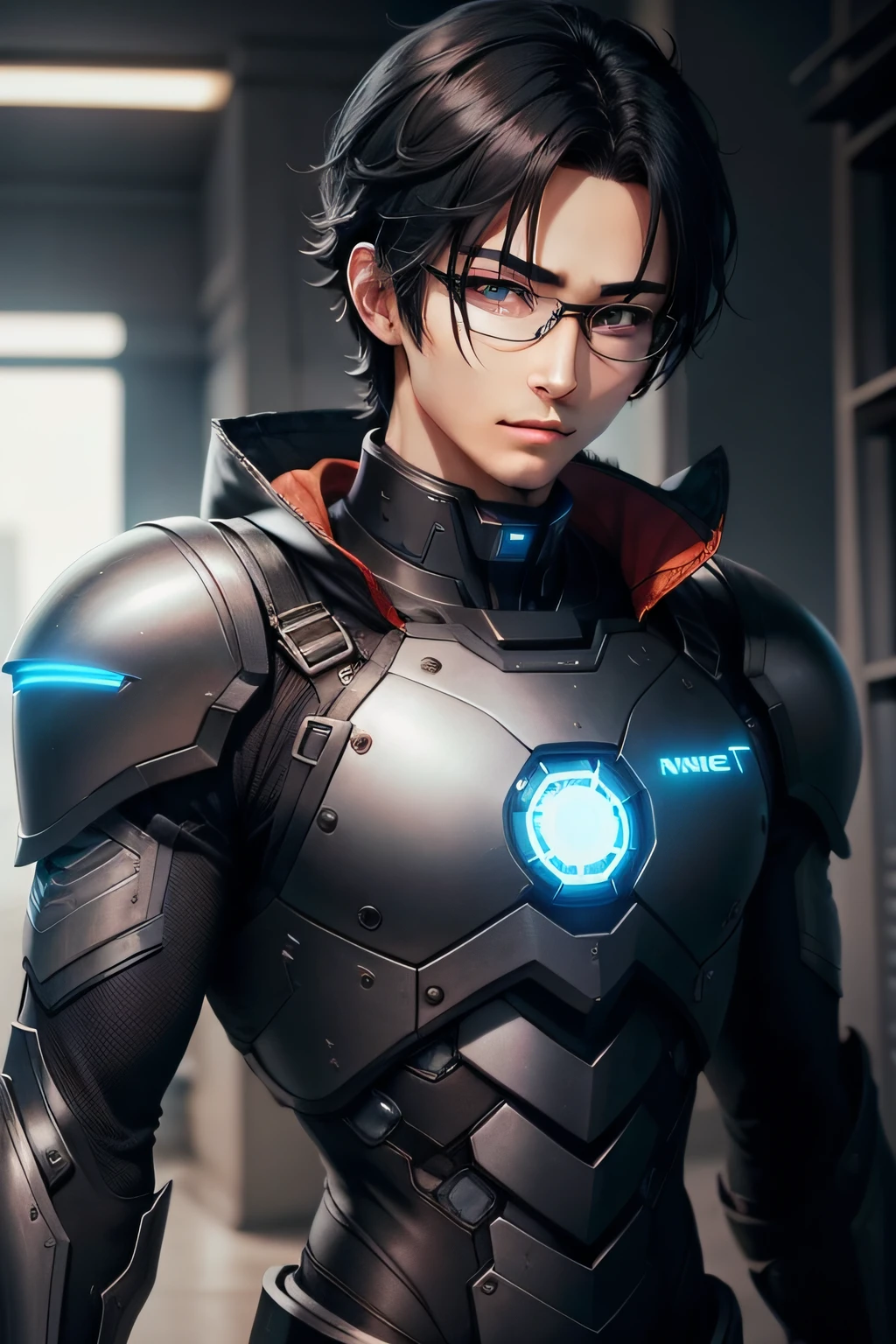 create a male anime character with black hair, blue eyes, black cybernetic armor who wears glasses