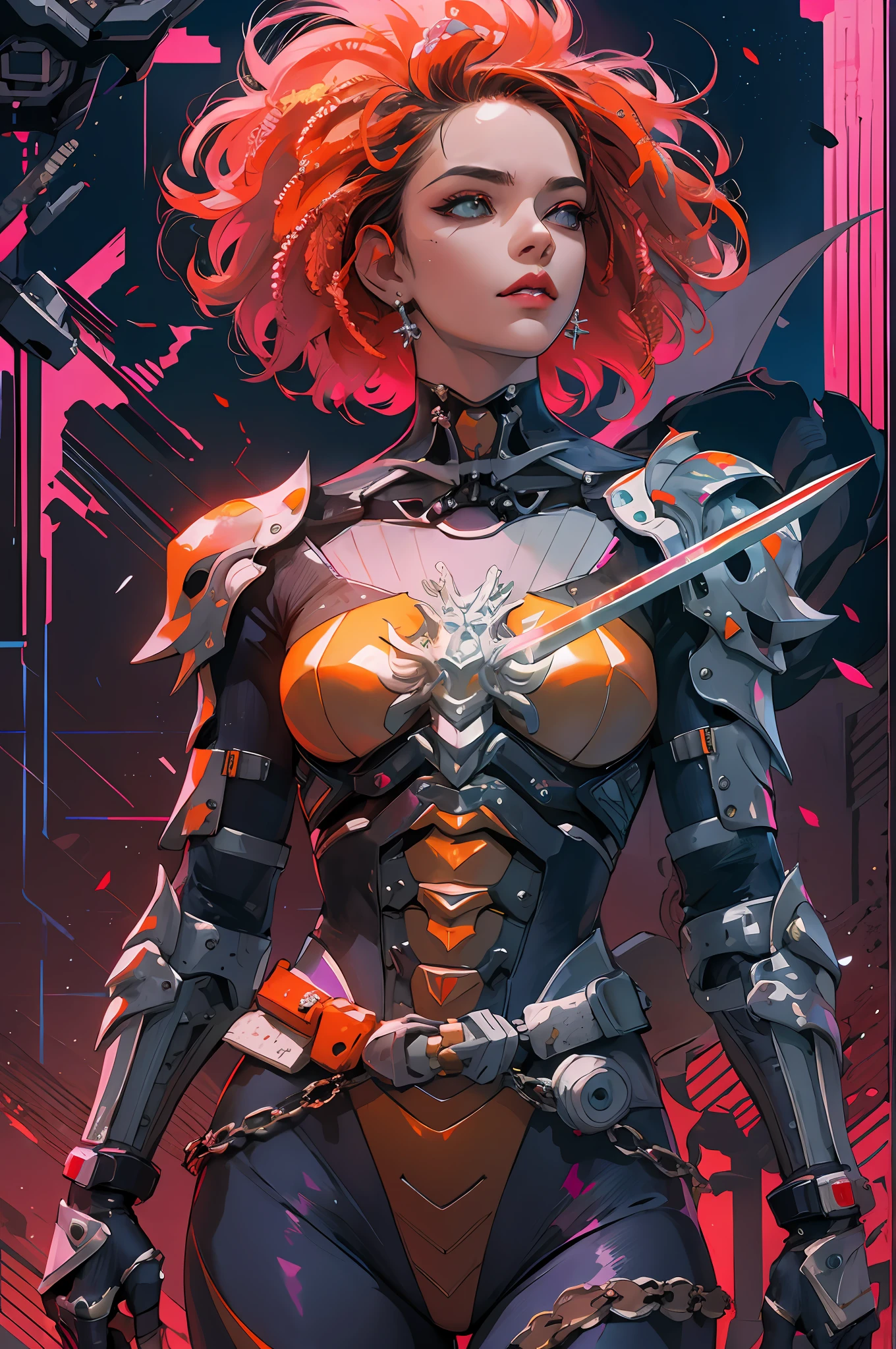 Princesa bonita, cyberpunk, vestida com armadura, Medium sized sword wielding, cabelo laranja curto, hiper realista, rosto bem detalhado, cores vivas, dramatic colors, vaporwave, retrowave, colorido, artódromo, extremamente detalhado, 80000k