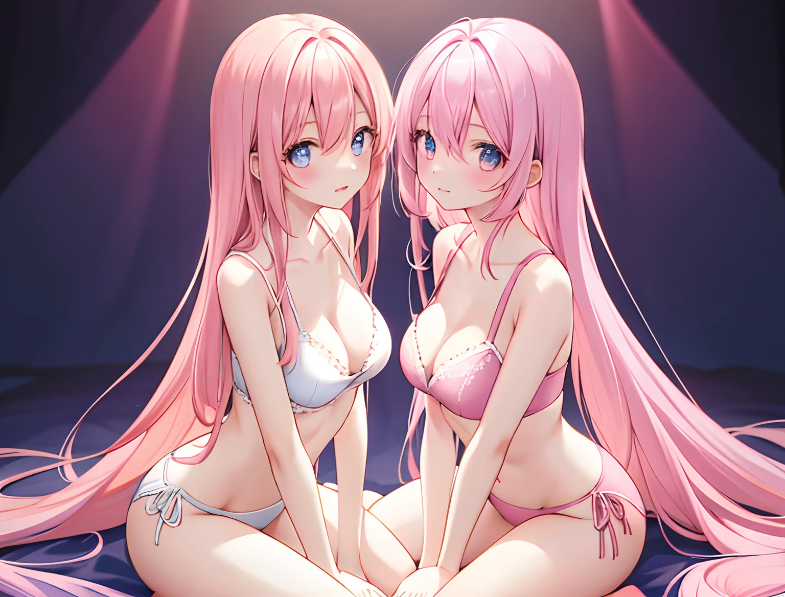 2girls,A pink-haired,long whitr hair,mediuml breasts,Wear only a bra,Breast collision,Light panties