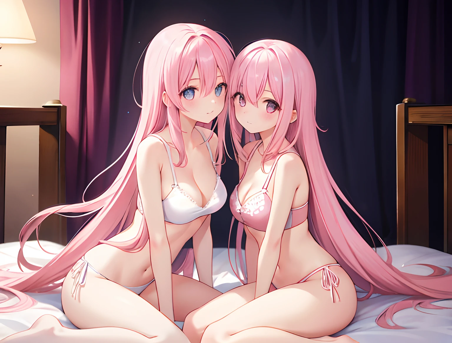 2girls,A pink-haired,long whitr hair,mediuml breasts,Wear only a bra,Breast collision,Light panties