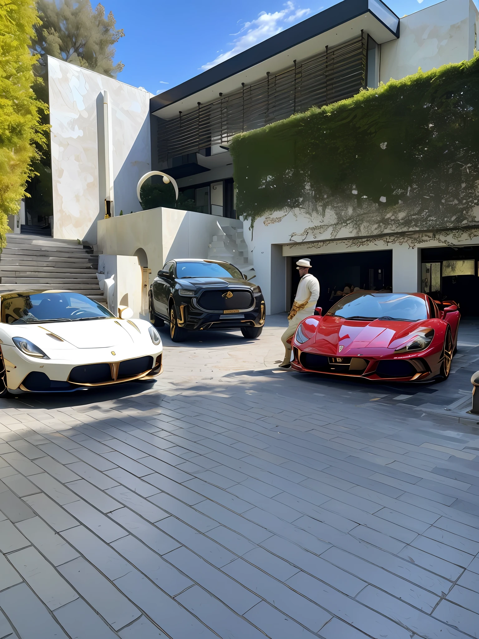 A handsome, bald man in a suit, sitting on the hood of a Ferrari, with a woman on either side, both blondes, both naked and very beautiful, both with long, straight hair, the bald man wearing sunglasses, the Ferrari in front of a luxury mansion.
