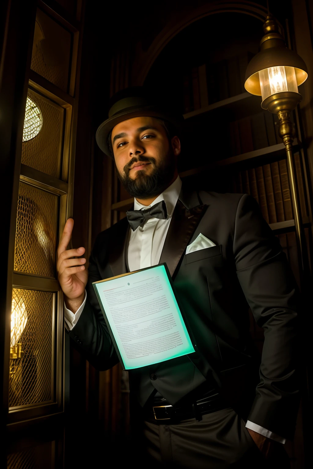 Homem branco de barba grande e camisa preta com uma luz verde de fundo, standingn ,fundo steam punk com varias engrenagens e livros e uma estatua