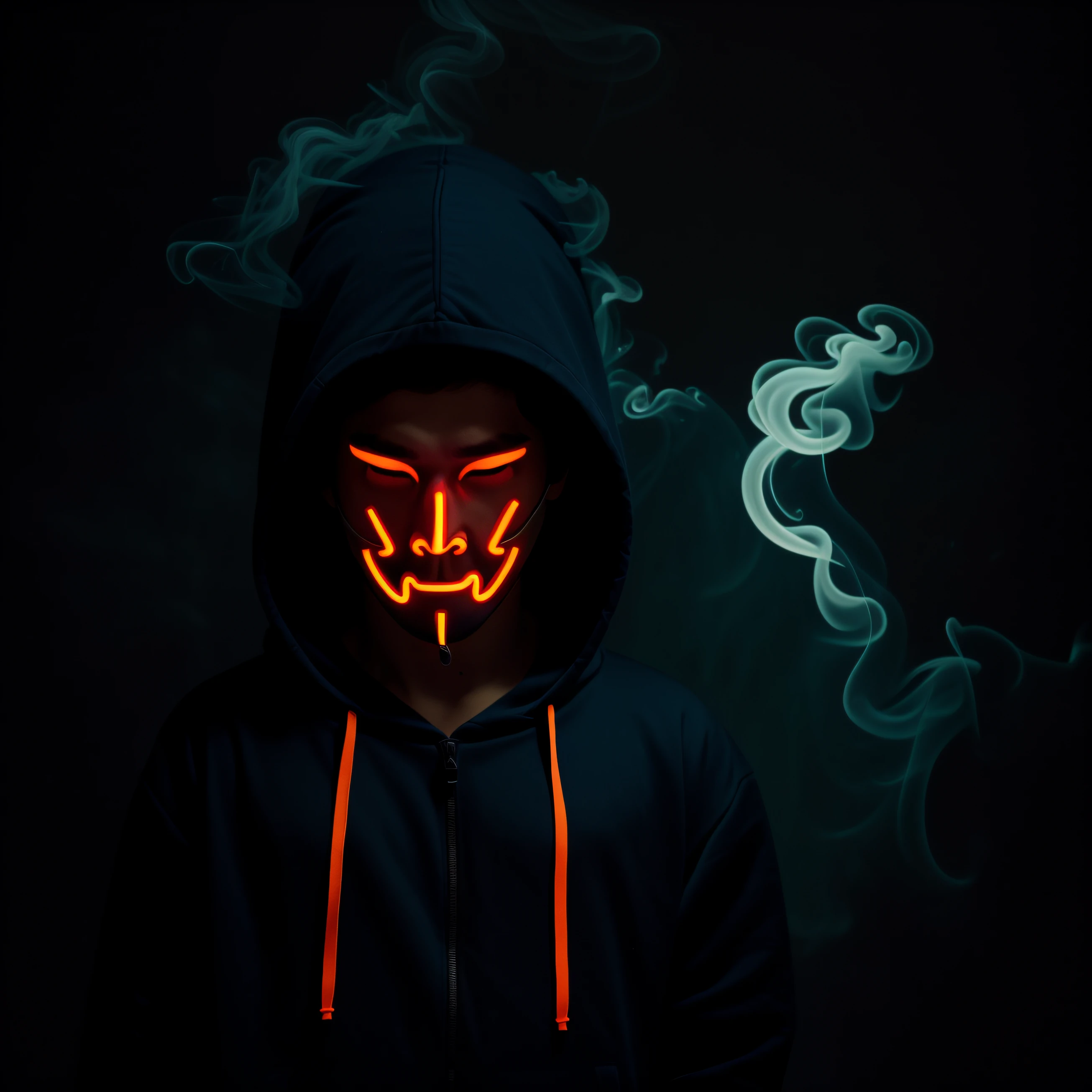 A man with a creepy neon mask and a hoodie on a dark wall with smoke. seus olhos tem o formato da letra X , boca costurada,horror e conceito de halloween